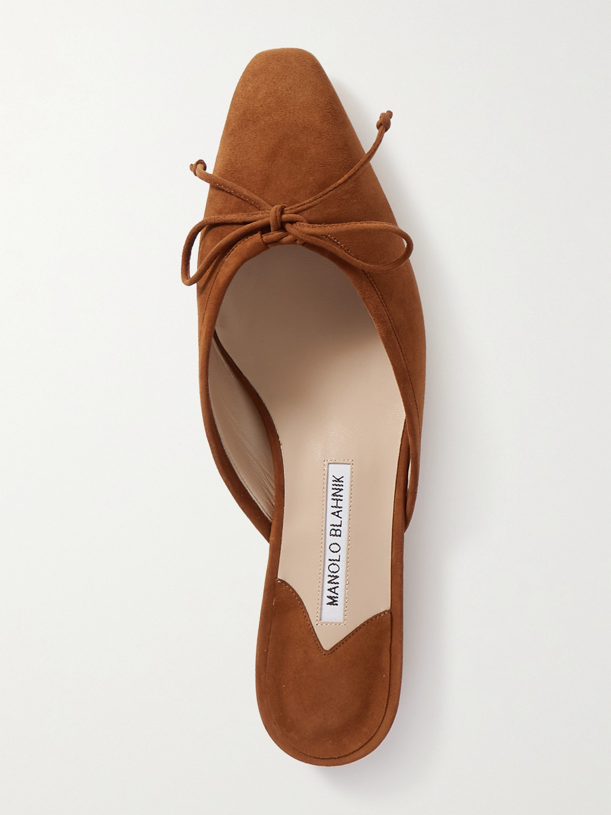 Shop Manolo Blahnik Ballerimu Bow-detailed Suede Mules In Tan