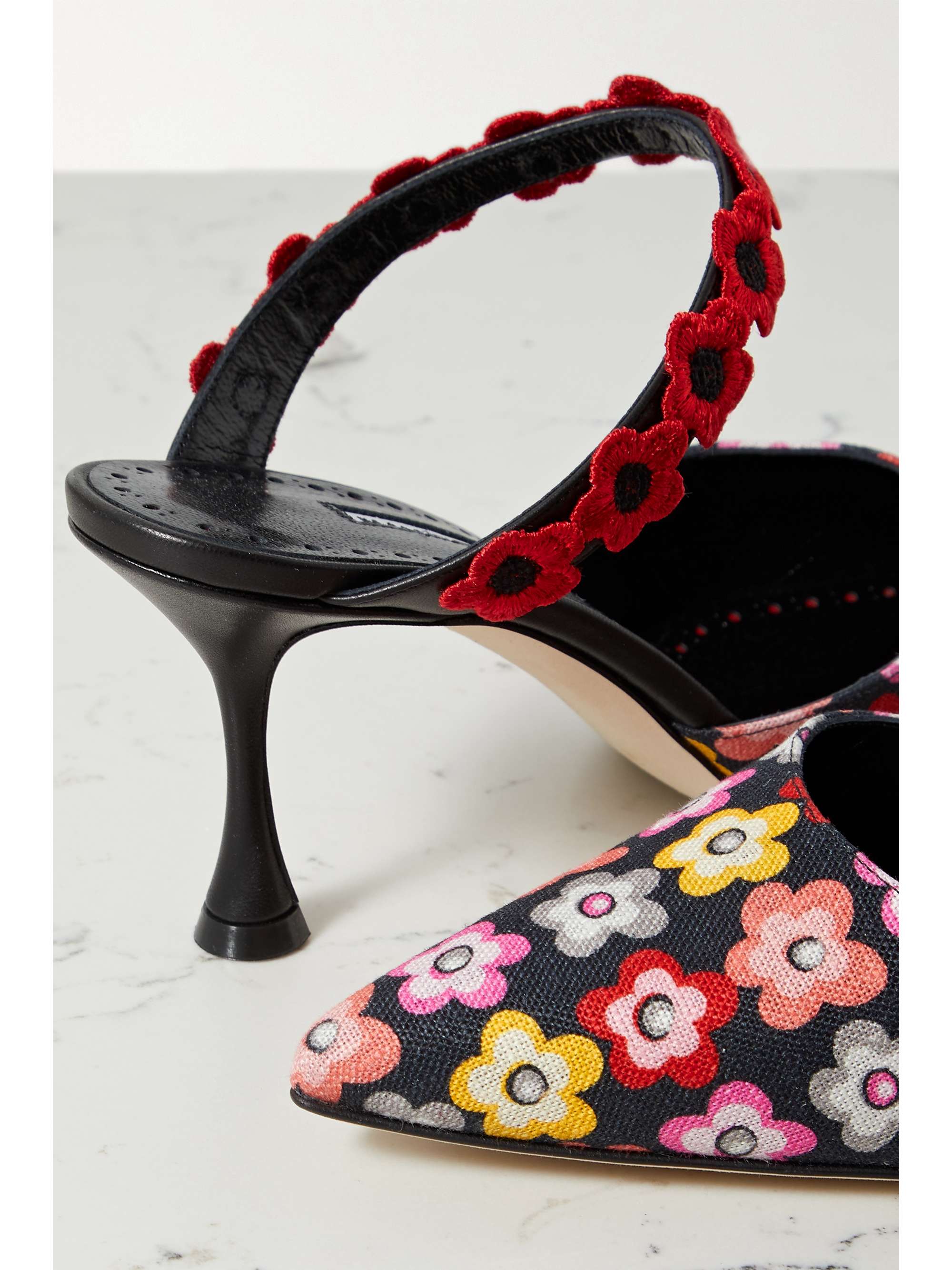 MANOLO BLAHNIK Chamaca 70 appliquéd floral-print linen mules