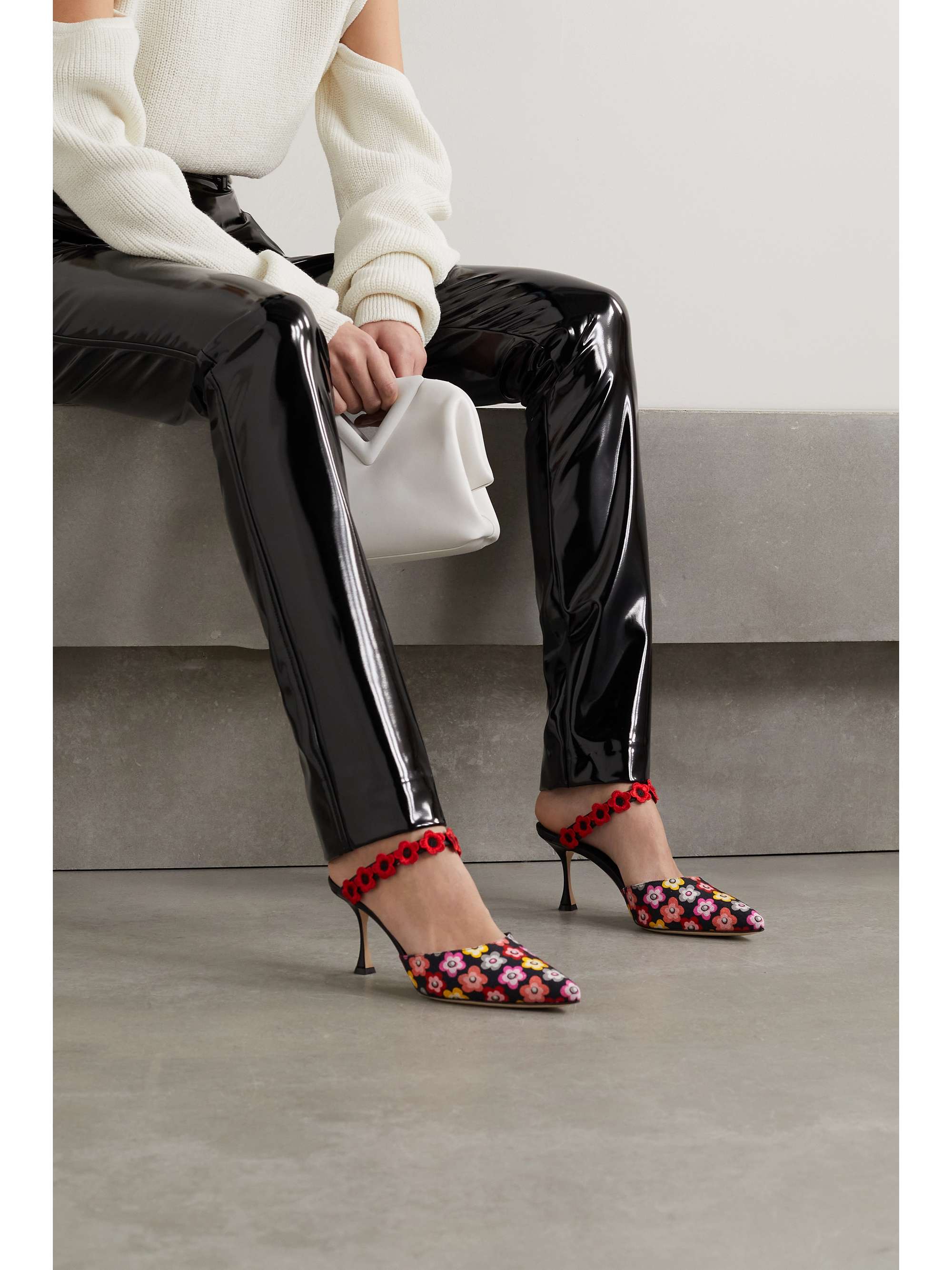 MANOLO BLAHNIK Chamaca 70 appliquéd floral-print linen mules