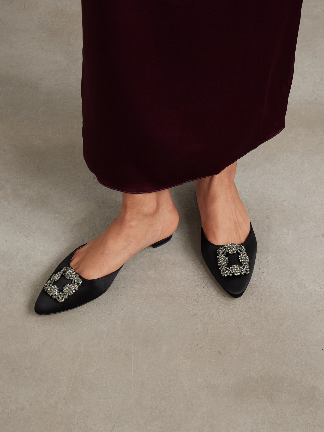 Shop Manolo Blahnik Hangisi Embellished Satin Slippers In Black