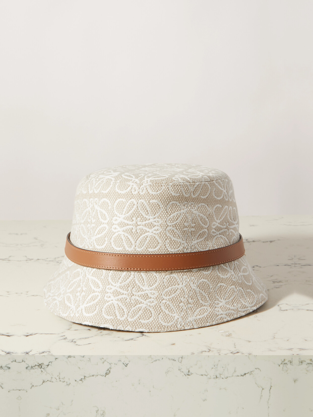 Loewe Leather-trimmed Embroidered Cotton-blend Bucket Hat - White