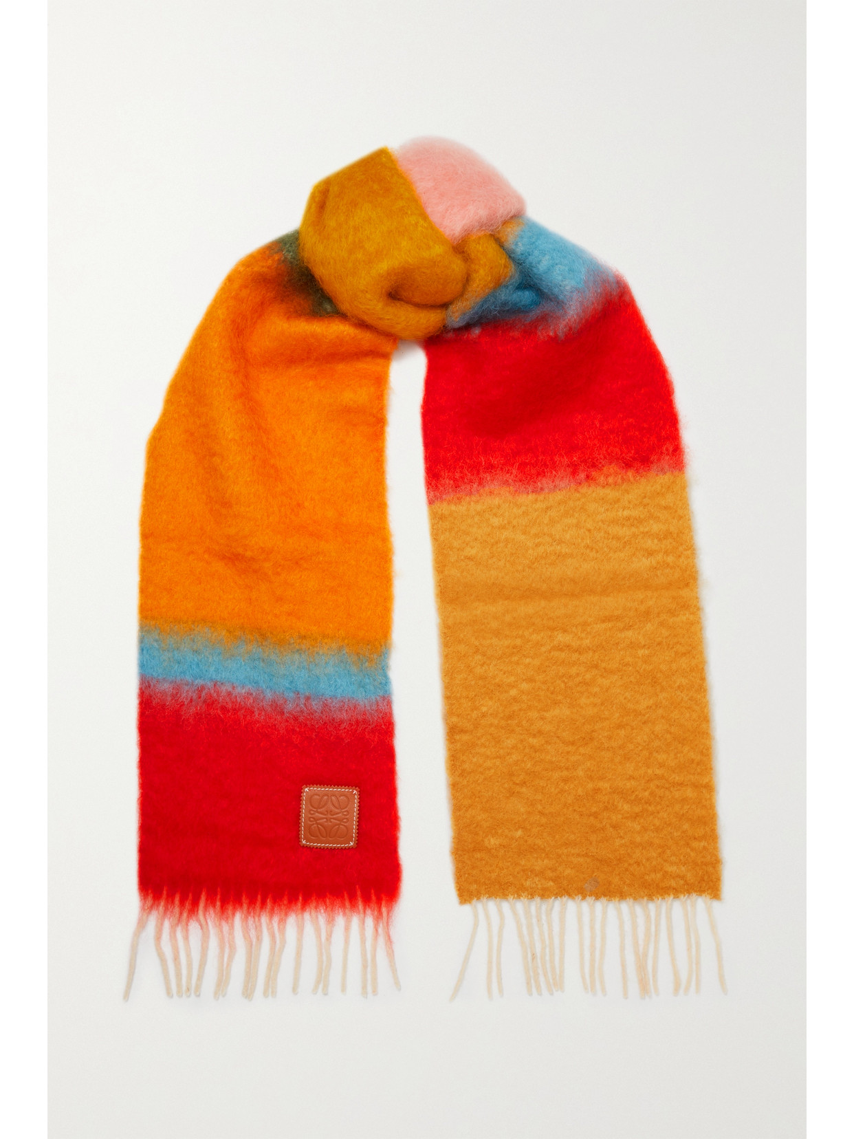 LOEWE LEATHER-TRIMMED FRINGED STRIPED MOHAIR-BLEND SCARF