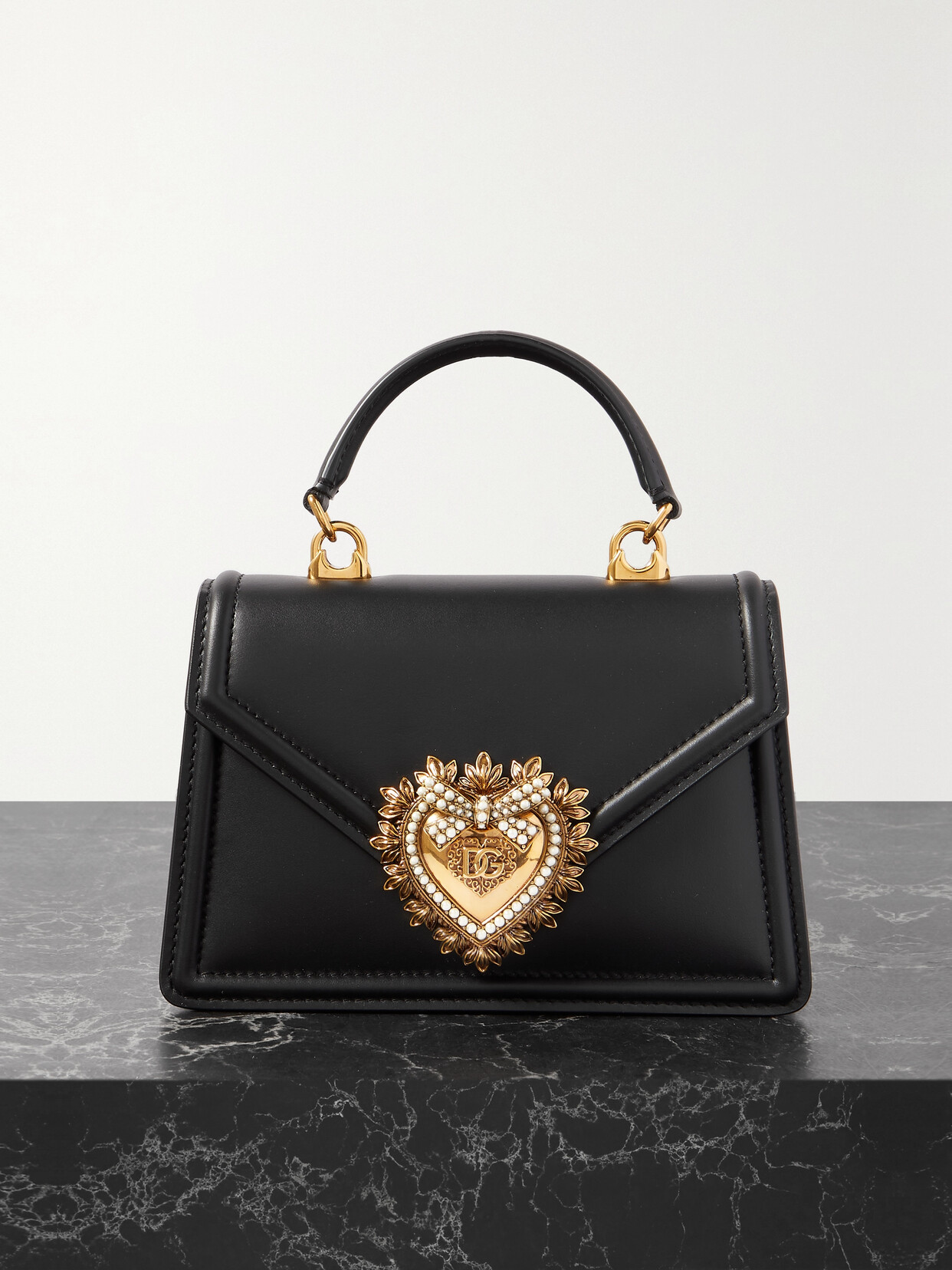 Dolce & Gabbana Devotion Small Embellished Leather Shoulder Bag In Black