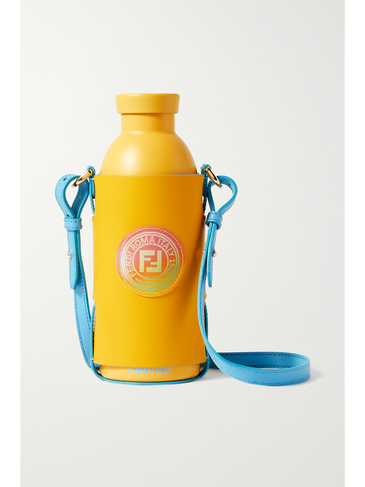 Fendi Stainless Steel Water Bottle And Leather Holder In Yellow