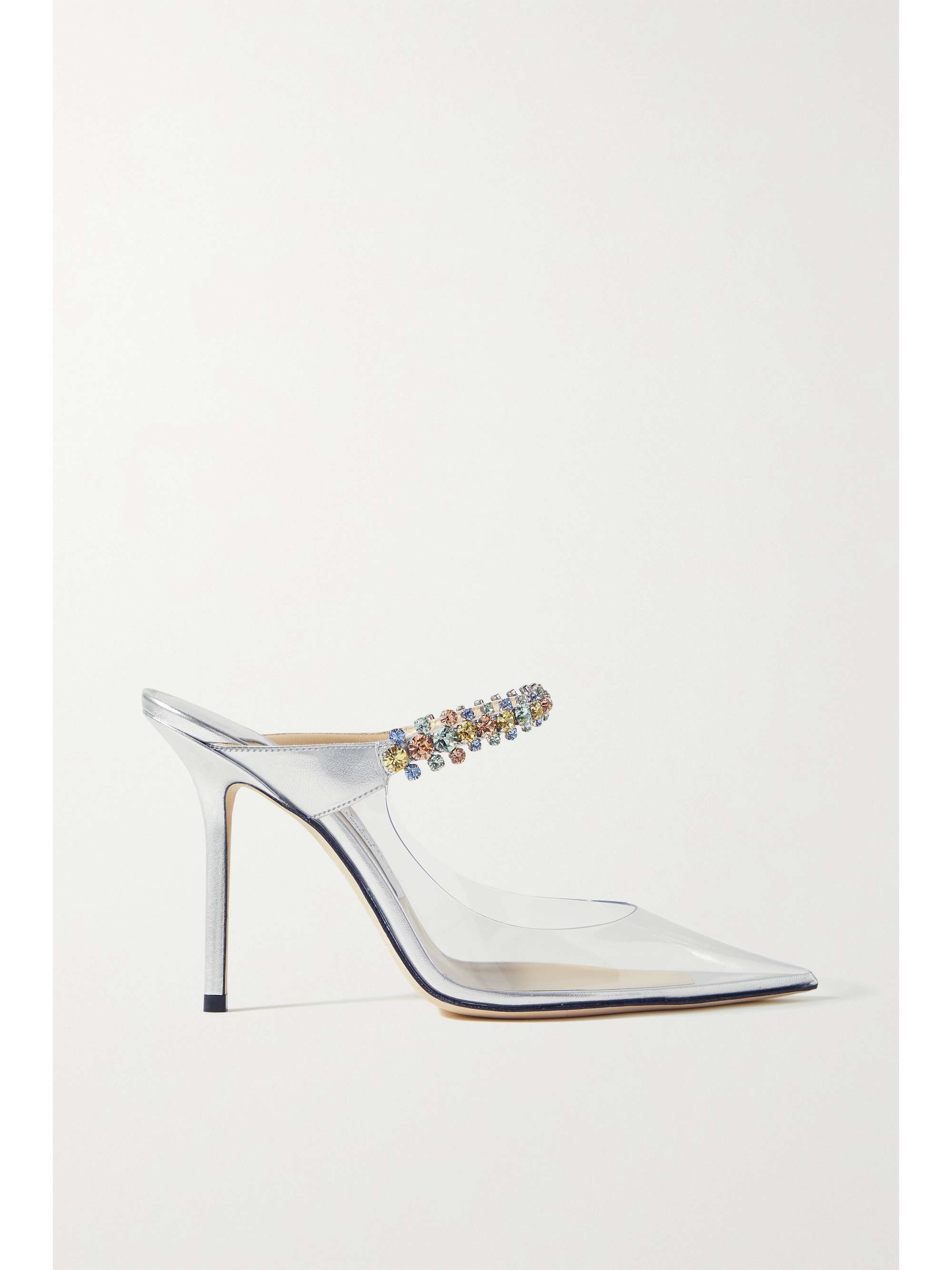 Clear Bing 100 crystal-embellished PVC and metallic leather mules 