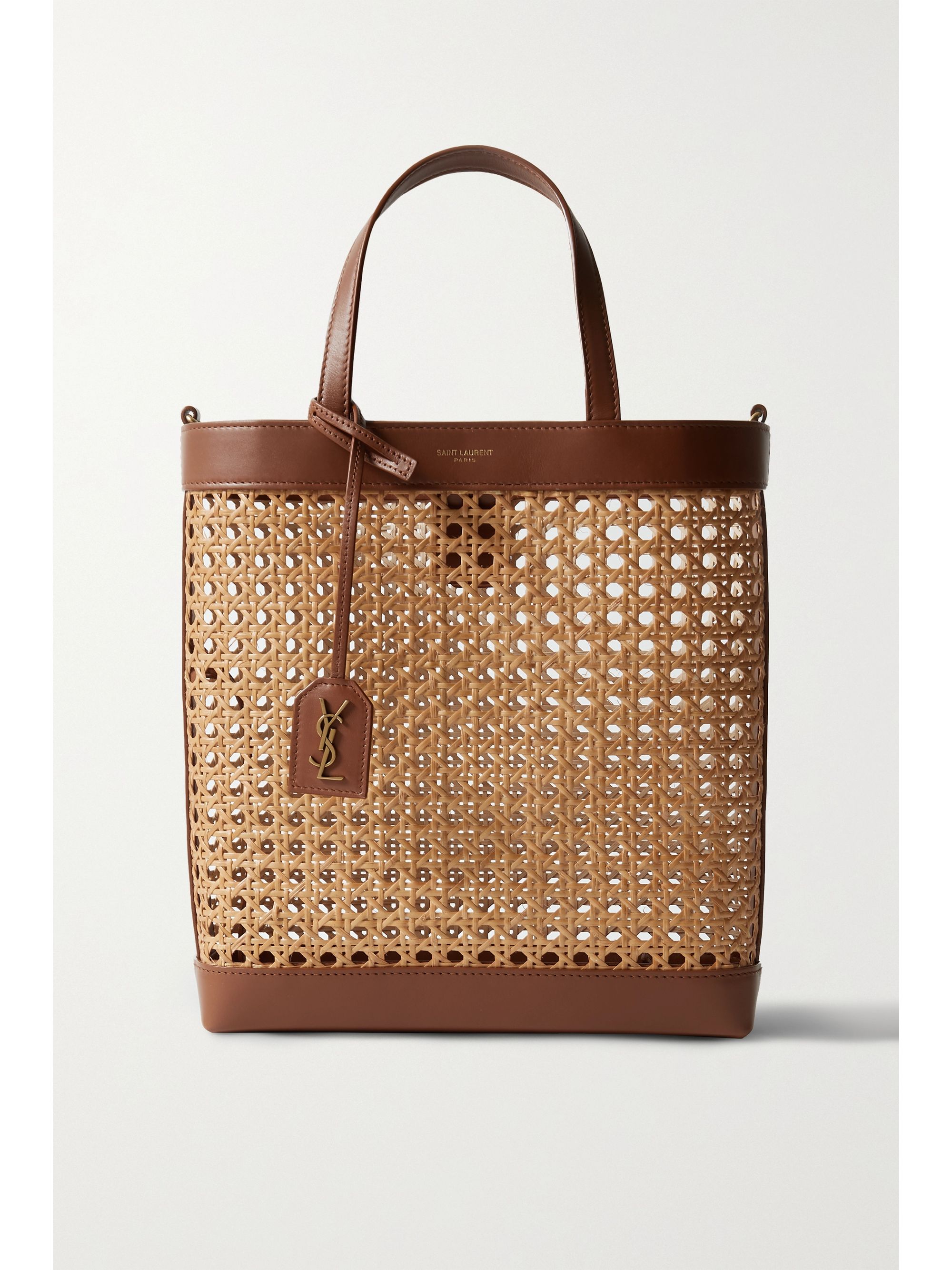 浅褐色shopping Toy 皮革边饰编织草手提包 Net A Porter Saint Laurent Net A Porter