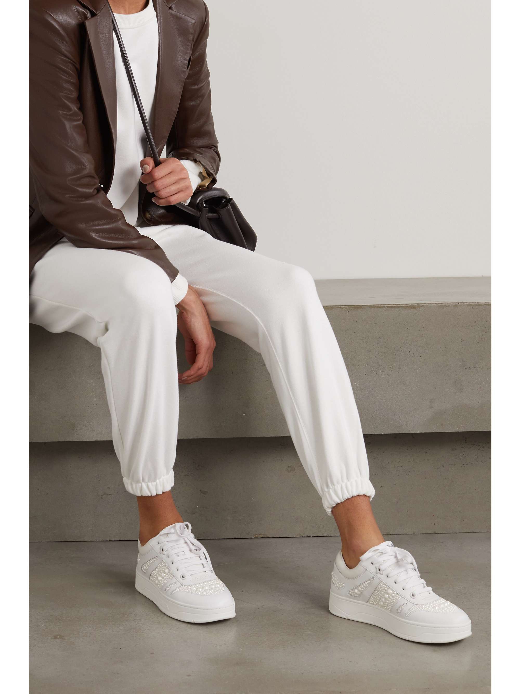 JIMMY CHOO Hawaii faux pearl-embellished leather sneakers