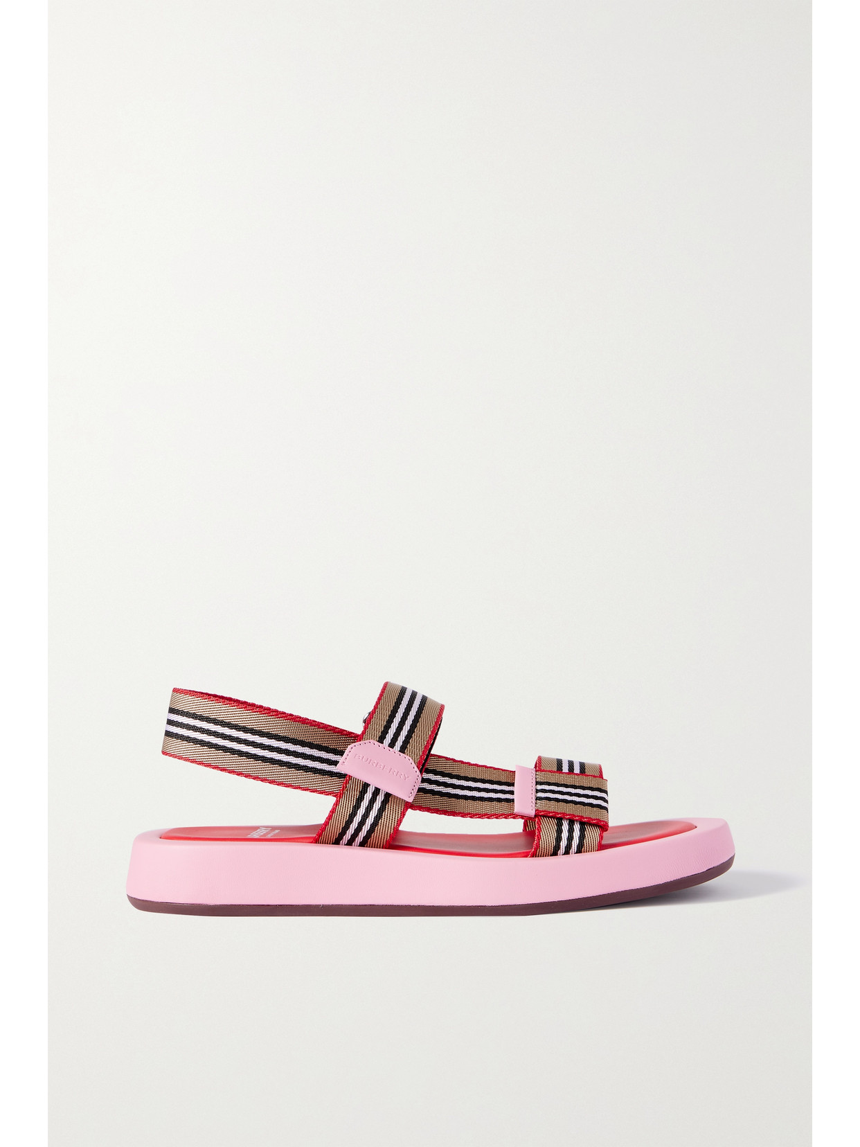 BURBERRY LEATHER-TRIMMED STRIPED CANVAS SANDALS