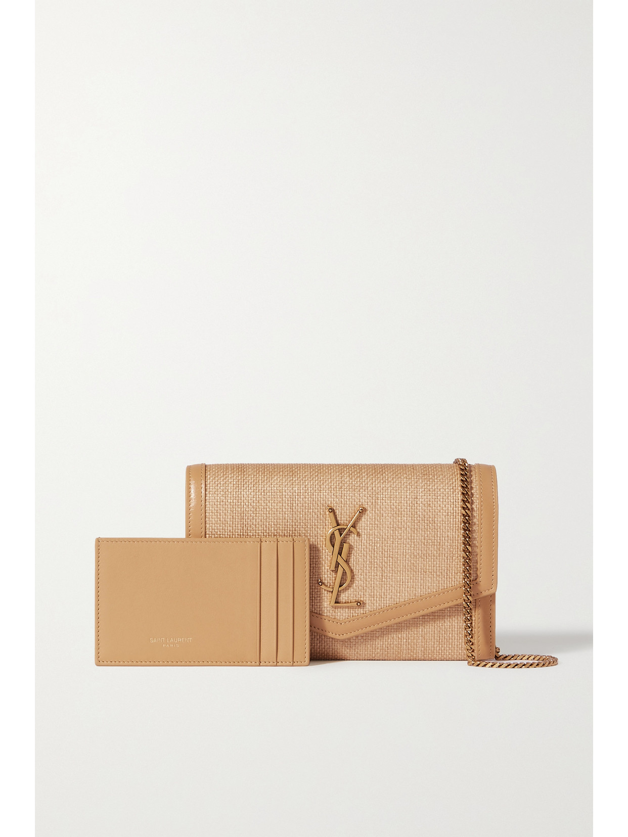 Uptown Micro Leather-Trimmed Raffia Shoulder Bag