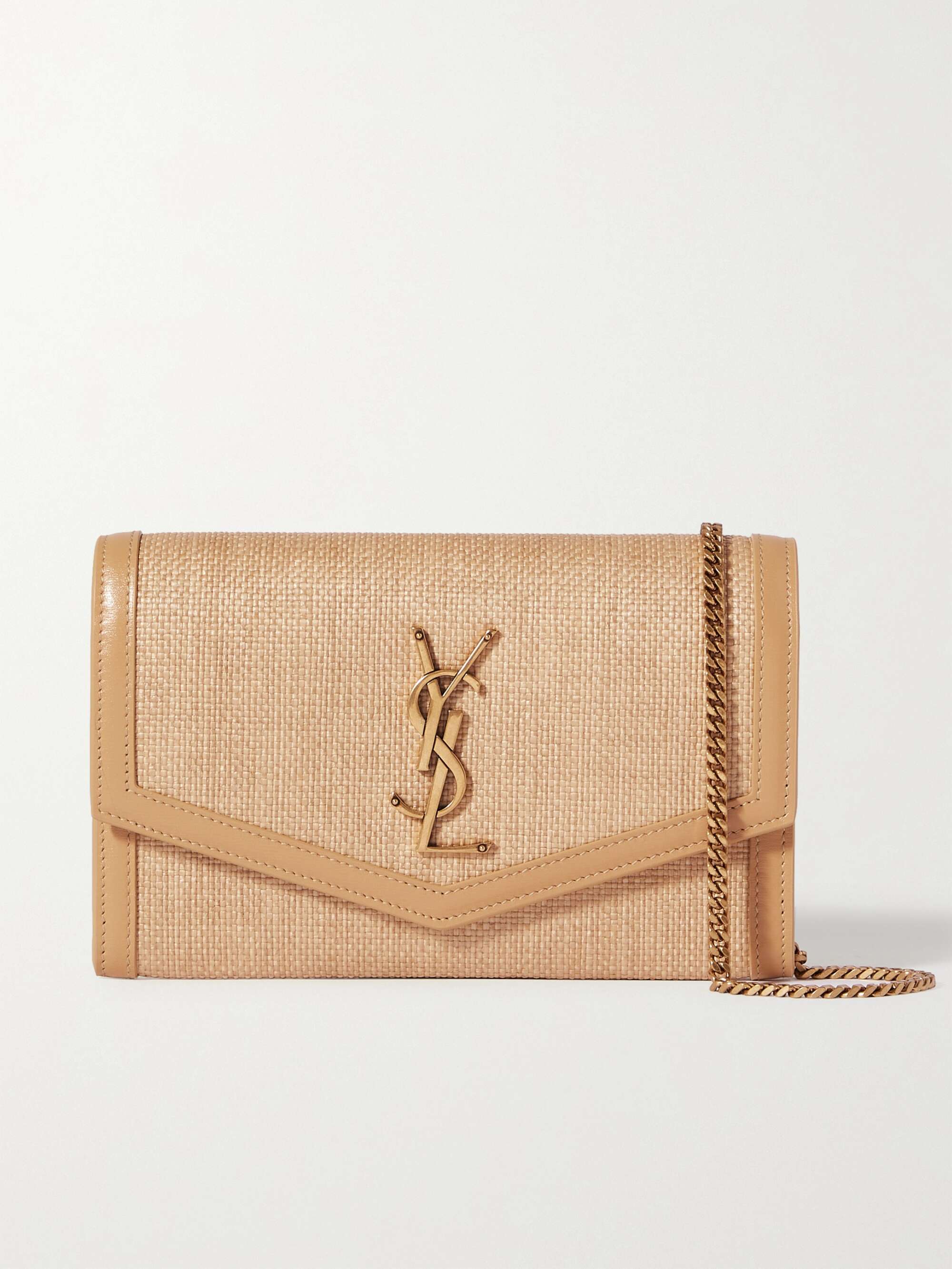 Uptown Leather Trimmed Raffia Clutch in Neutrals - Saint Laurent