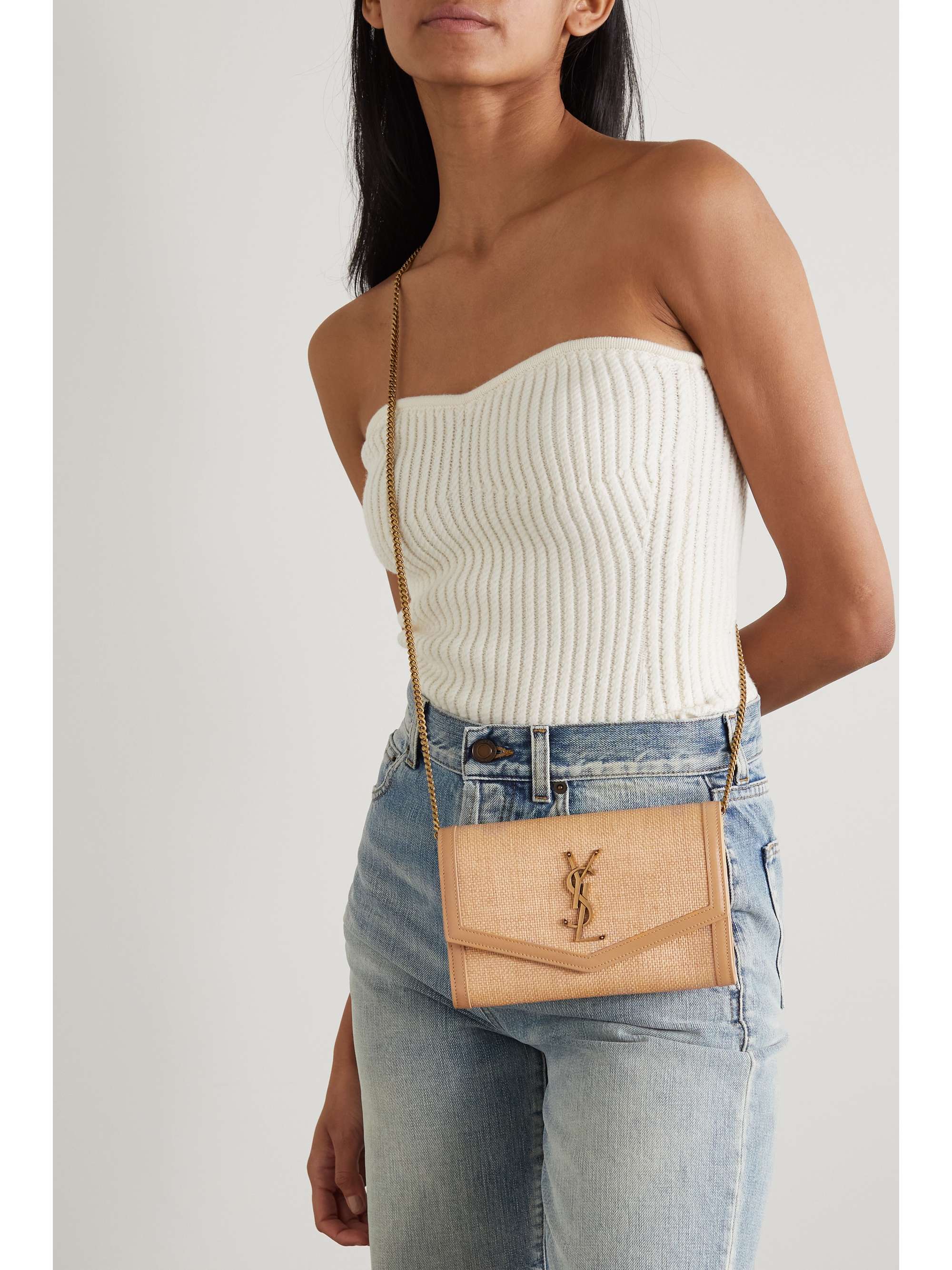 Uptown leather-trimmed raffia shoulder bag