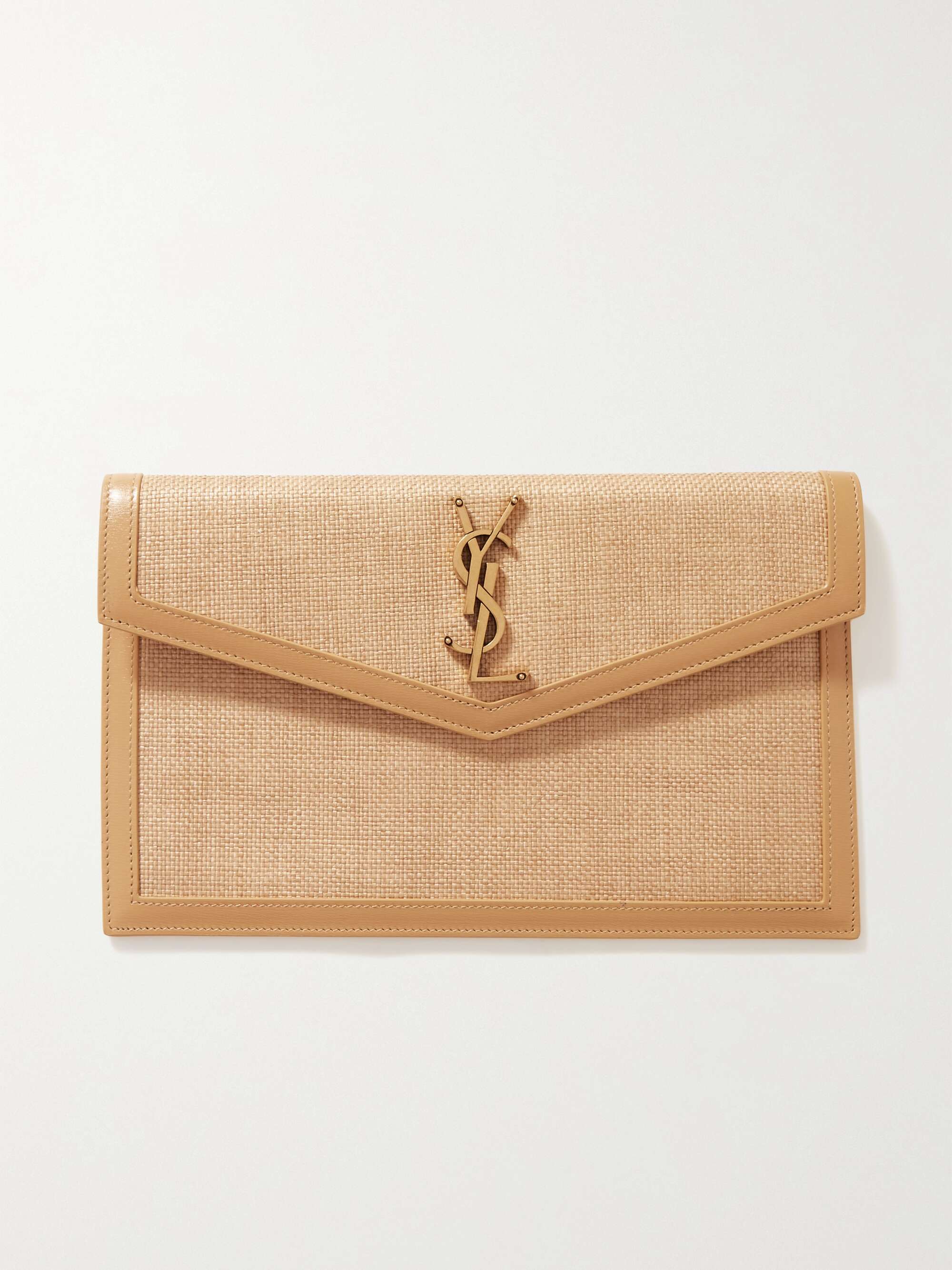 Uptown leather-trimmed raffia pouch