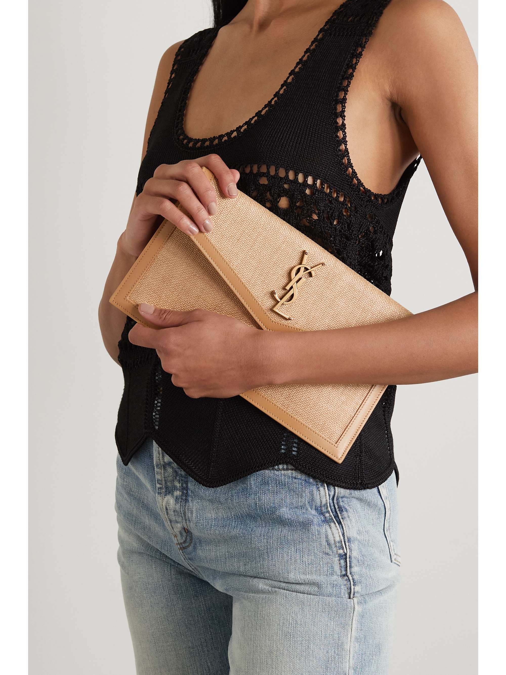 Saint Laurent Uptown Leather-trimmed Raffia Clutch