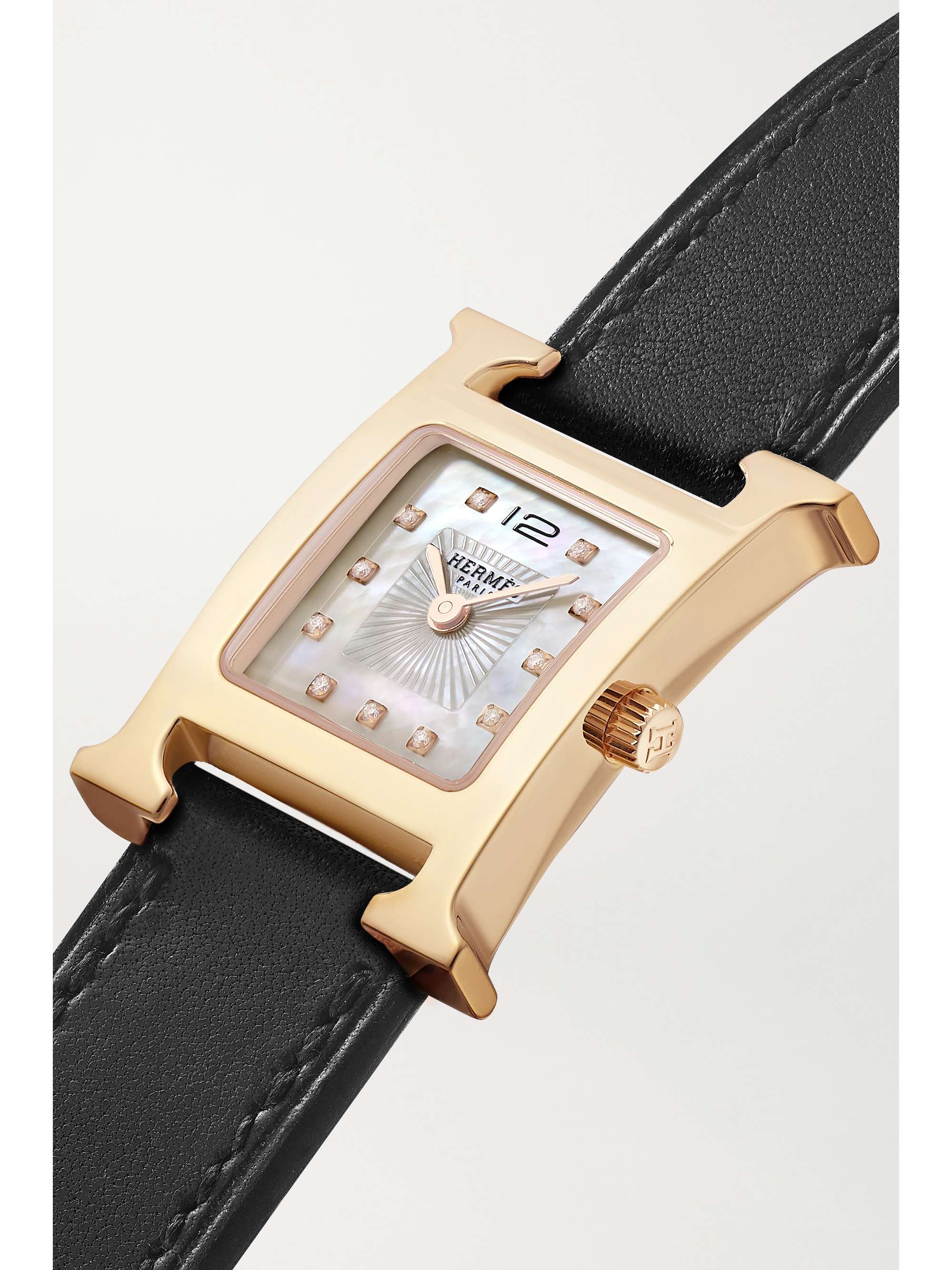 HERMÈS TIMEPIECES Heure H 21mm small rose gold-plated, leather, mother-of-pearl and diamond watch