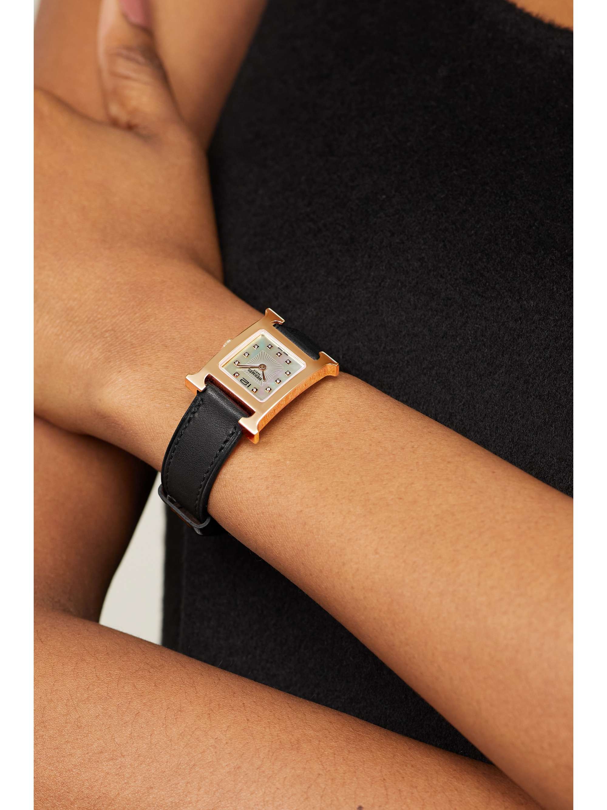 HERMÈS TIMEPIECES Heure H 21mm small rose gold-plated, leather, mother-of-pearl and diamond watch