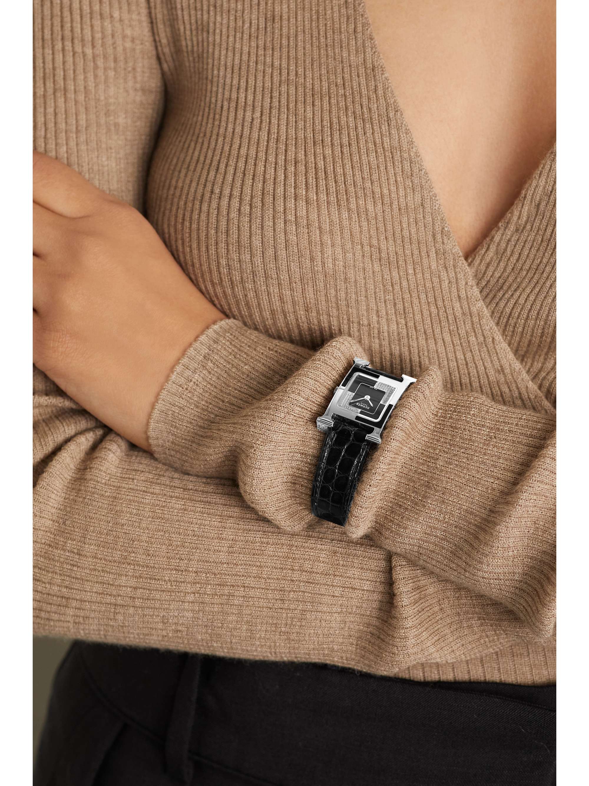 HERMÈS TIMEPIECES Heure H Au Carré 21mm small stainless steel, lacquer, alligator and diamond watch