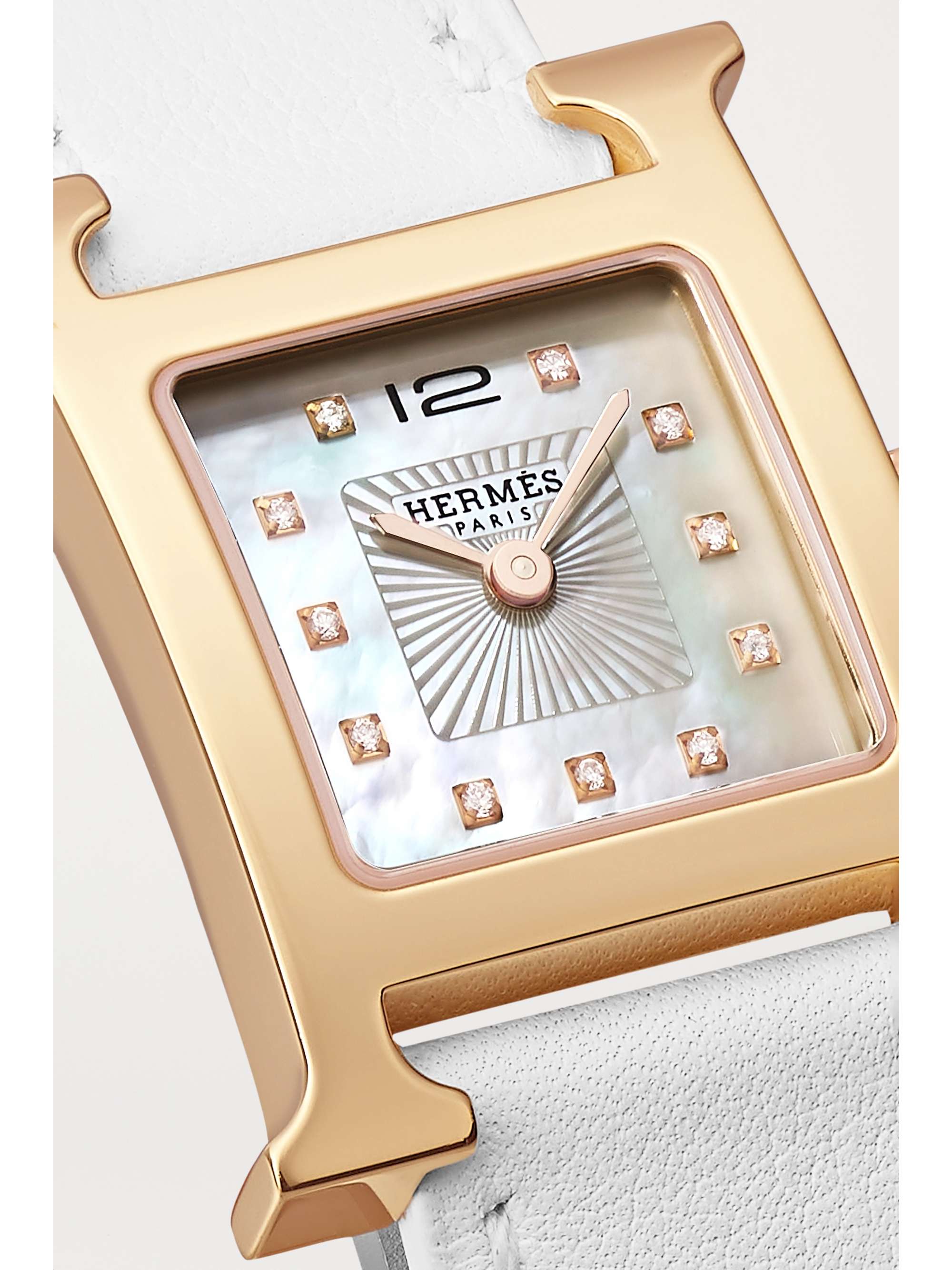 HERMÈS Heure H 21mm small rose gold-plated, leather, mother-of-pearl and diamond watch