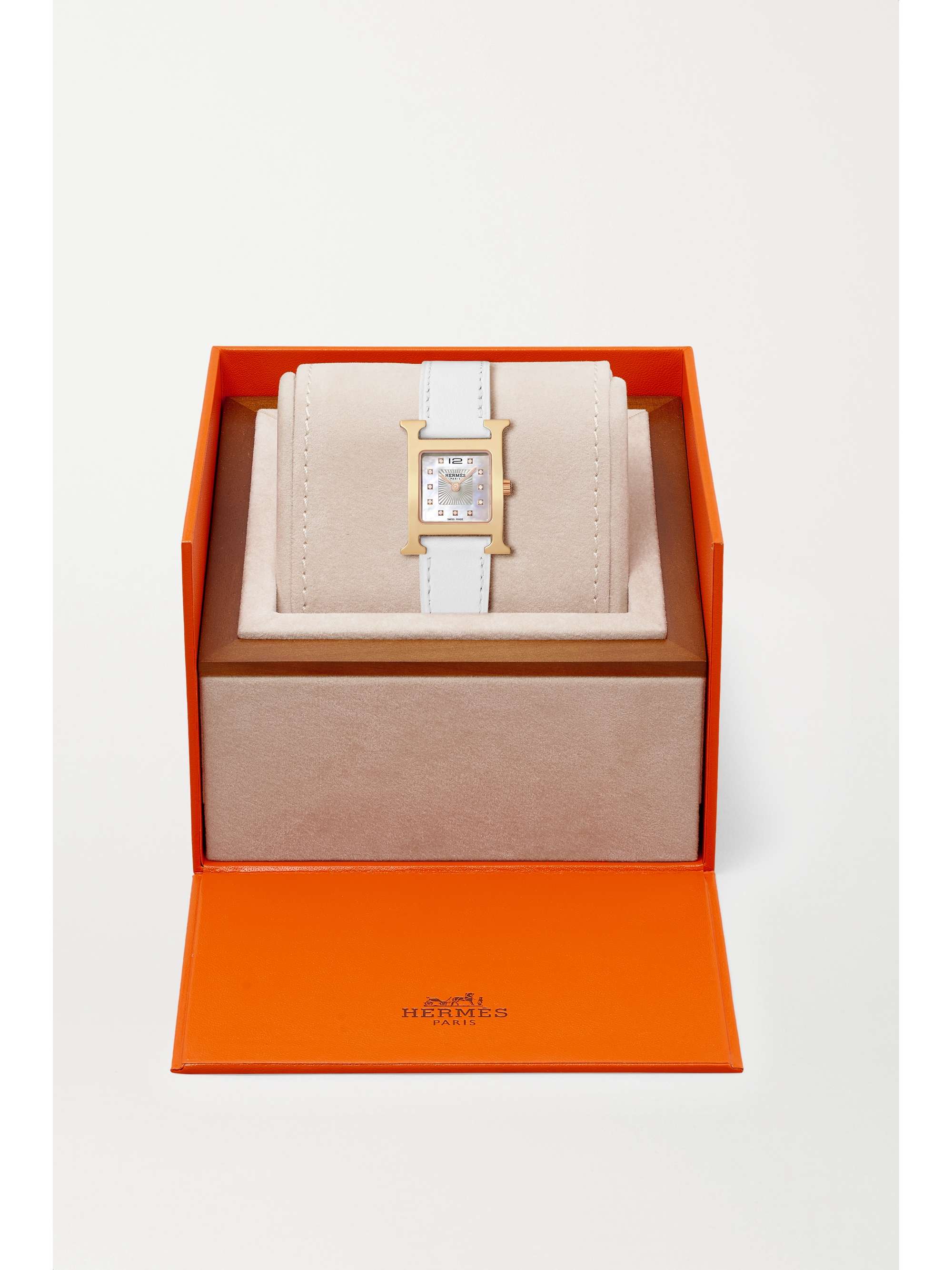 HERMÈS Heure H 21mm small rose gold-plated, leather, mother-of-pearl and diamond watch