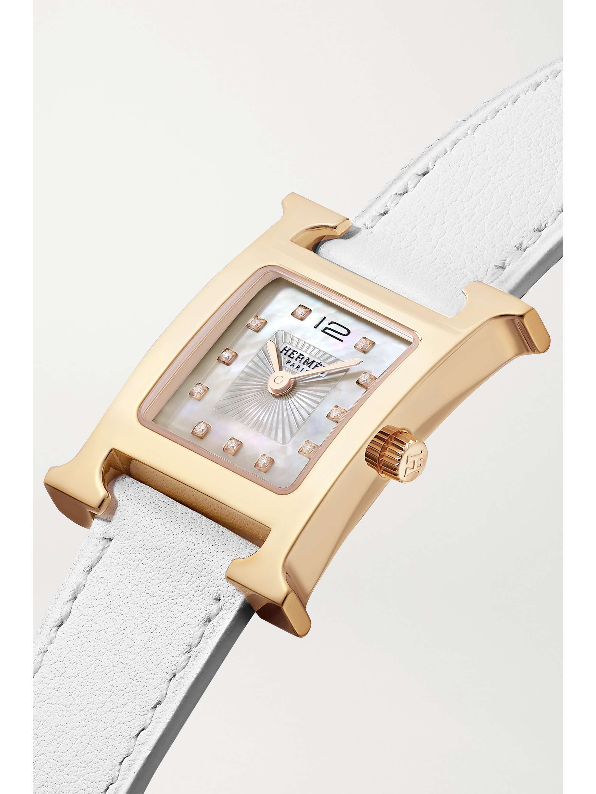HERMÈS Heure H 21mm small rose gold-plated, leather, mother-of-pearl and diamond watch