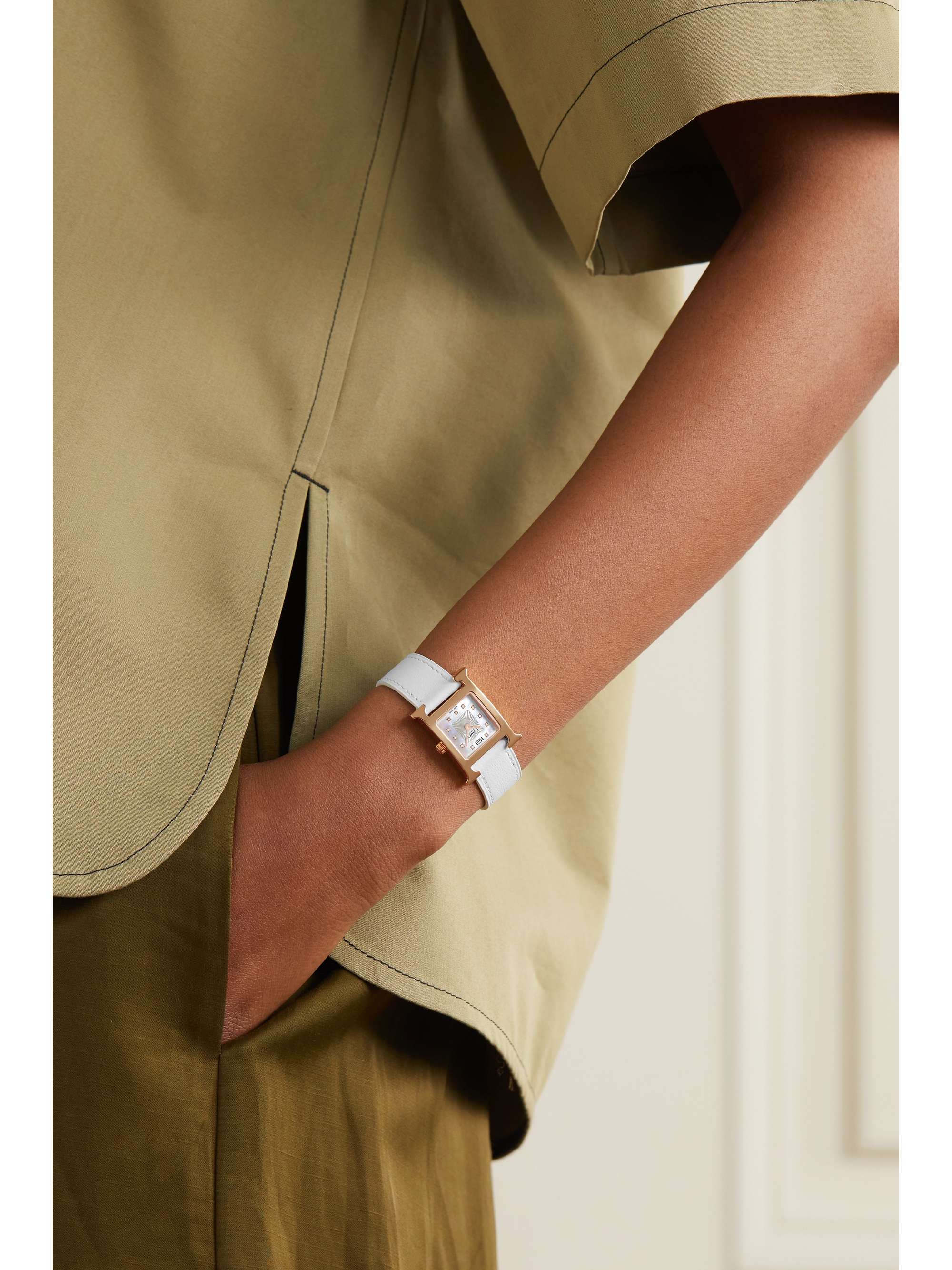 HERMÈS Heure H 21mm small rose gold-plated, leather, mother-of-pearl and diamond watch