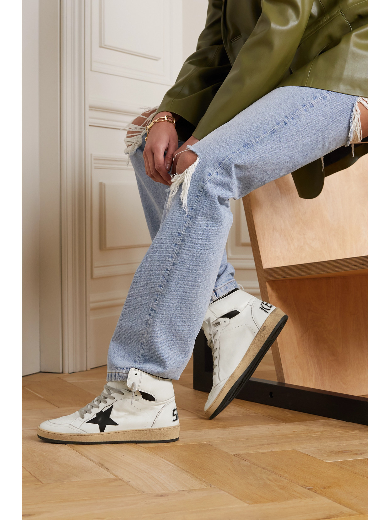 Golden Goose Sky-star Distressed Printed Leather High-top Sneakers In White