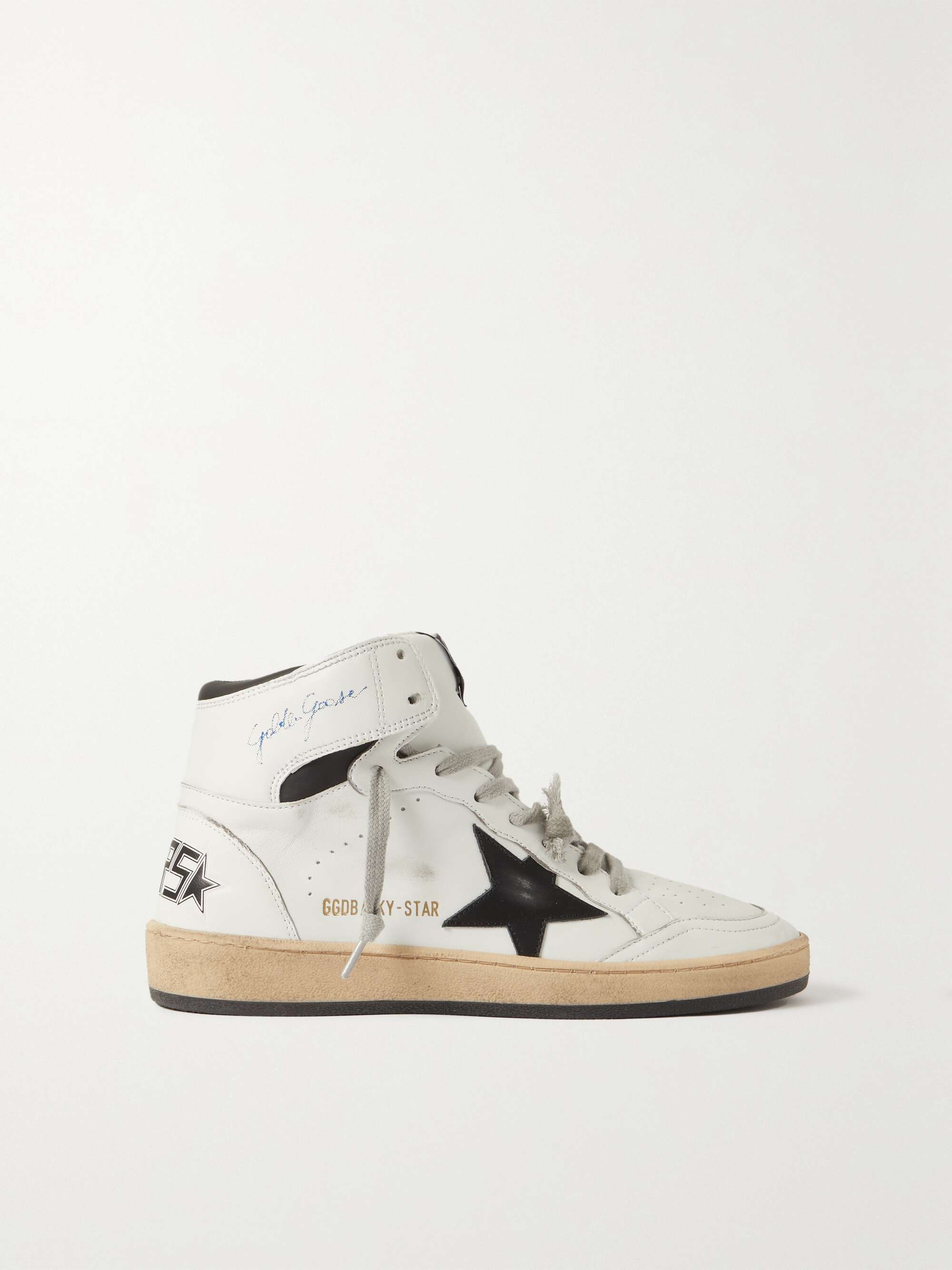 Sky-Star distressed printed leather high-top sneakers