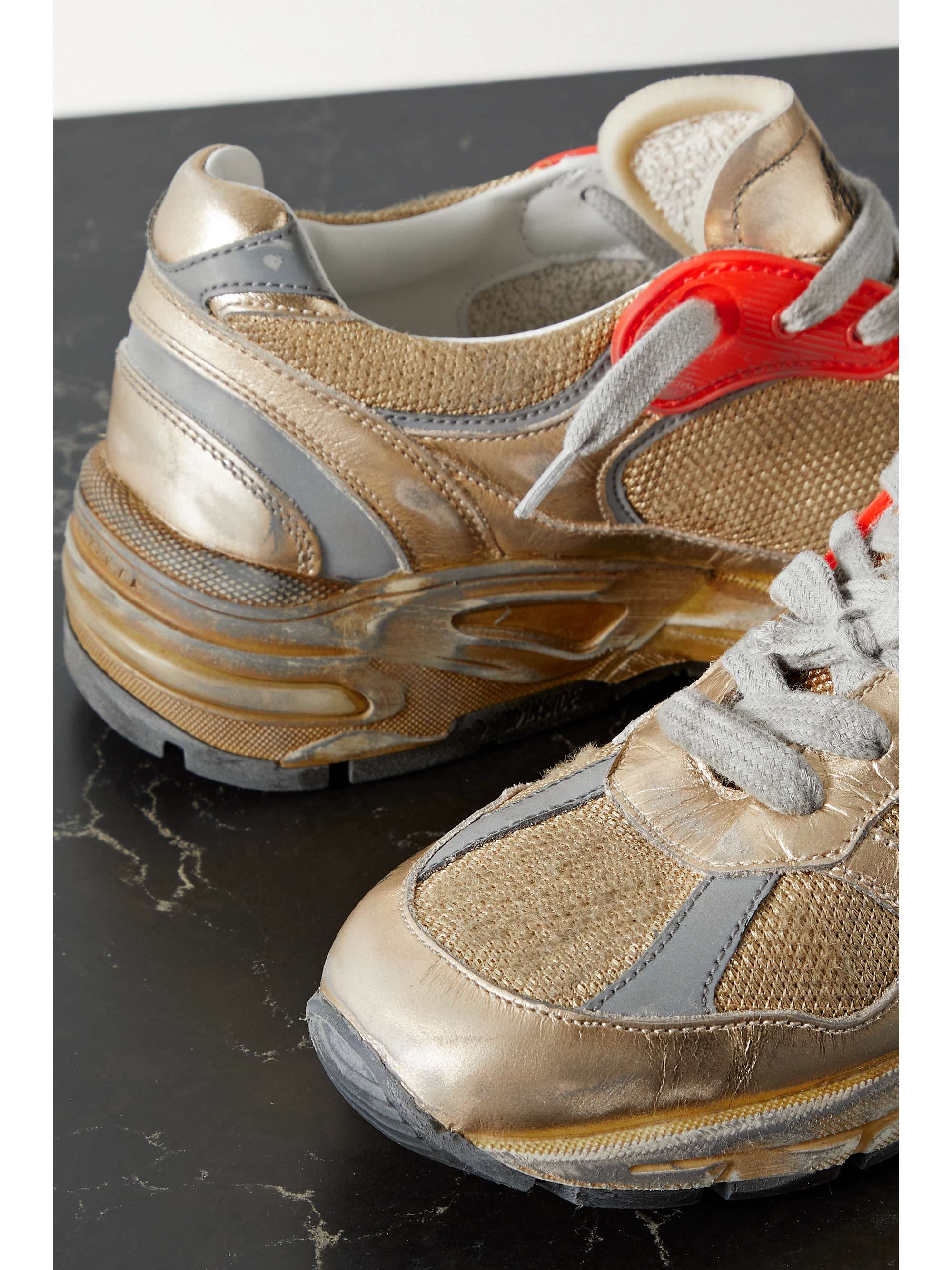 GOLDEN GOOSE Dad-Star distressed metallic mesh and leather sneakers |  NET-A-PORTER