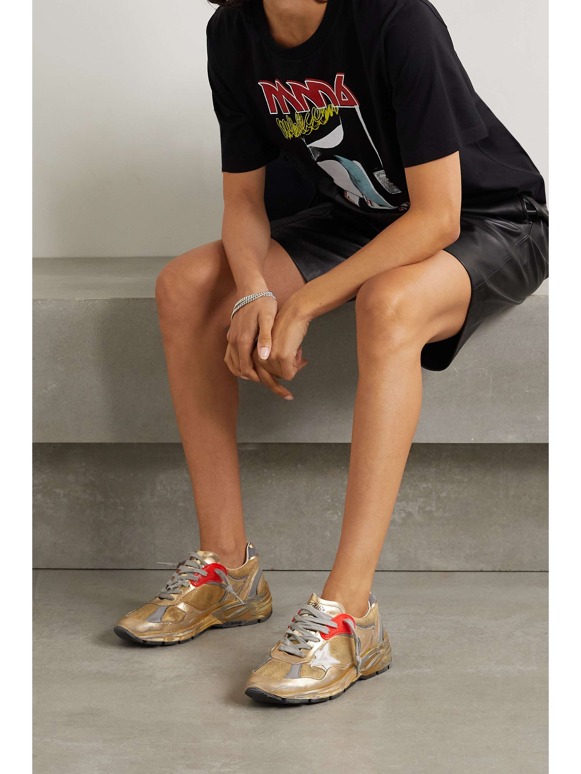 GOLDEN GOOSE Dad-Star distressed metallic mesh and leather sneakers |  NET-A-PORTER