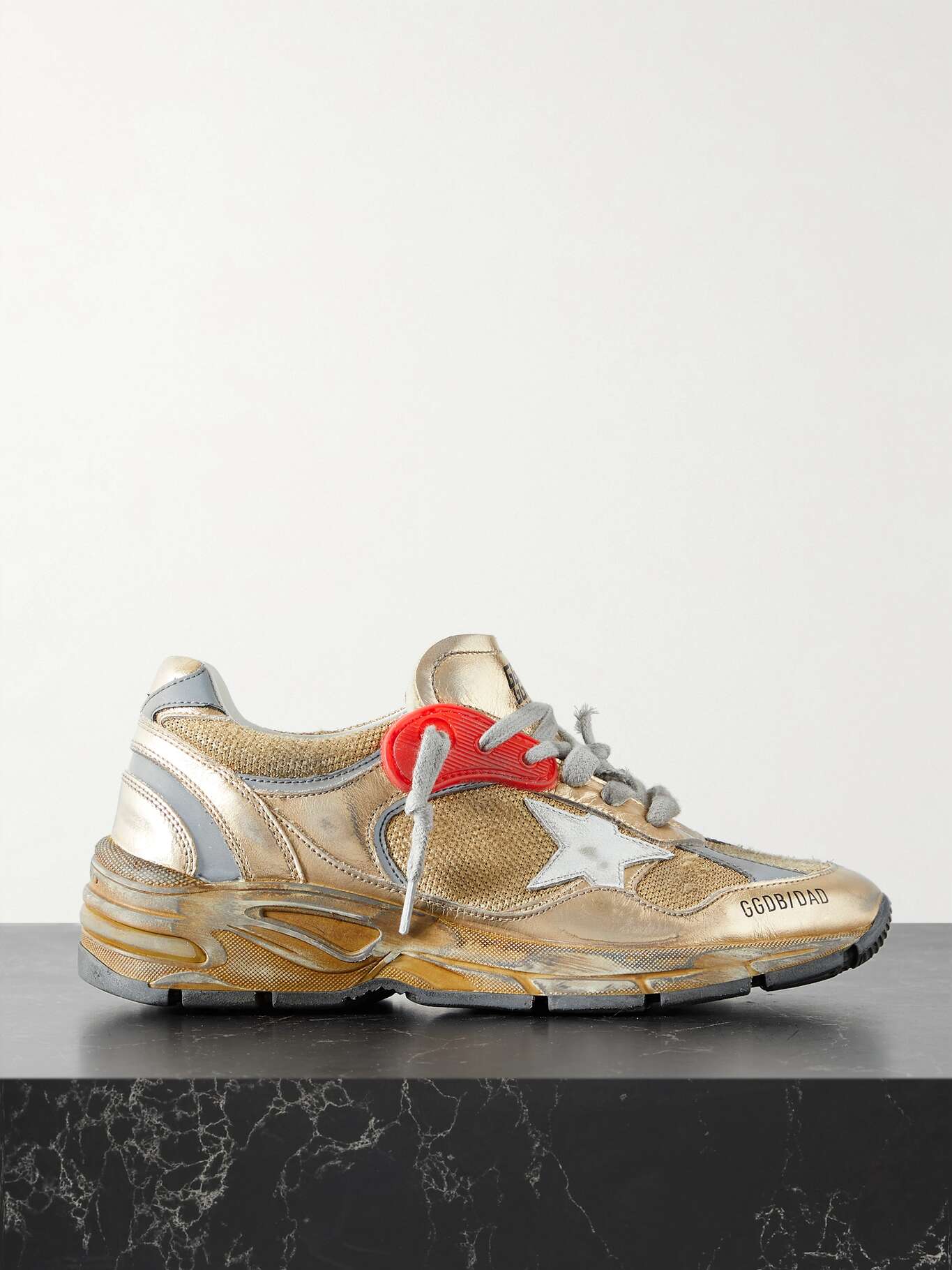 GOLDEN GOOSE DadStar distressed metallic mesh and leather sneakers