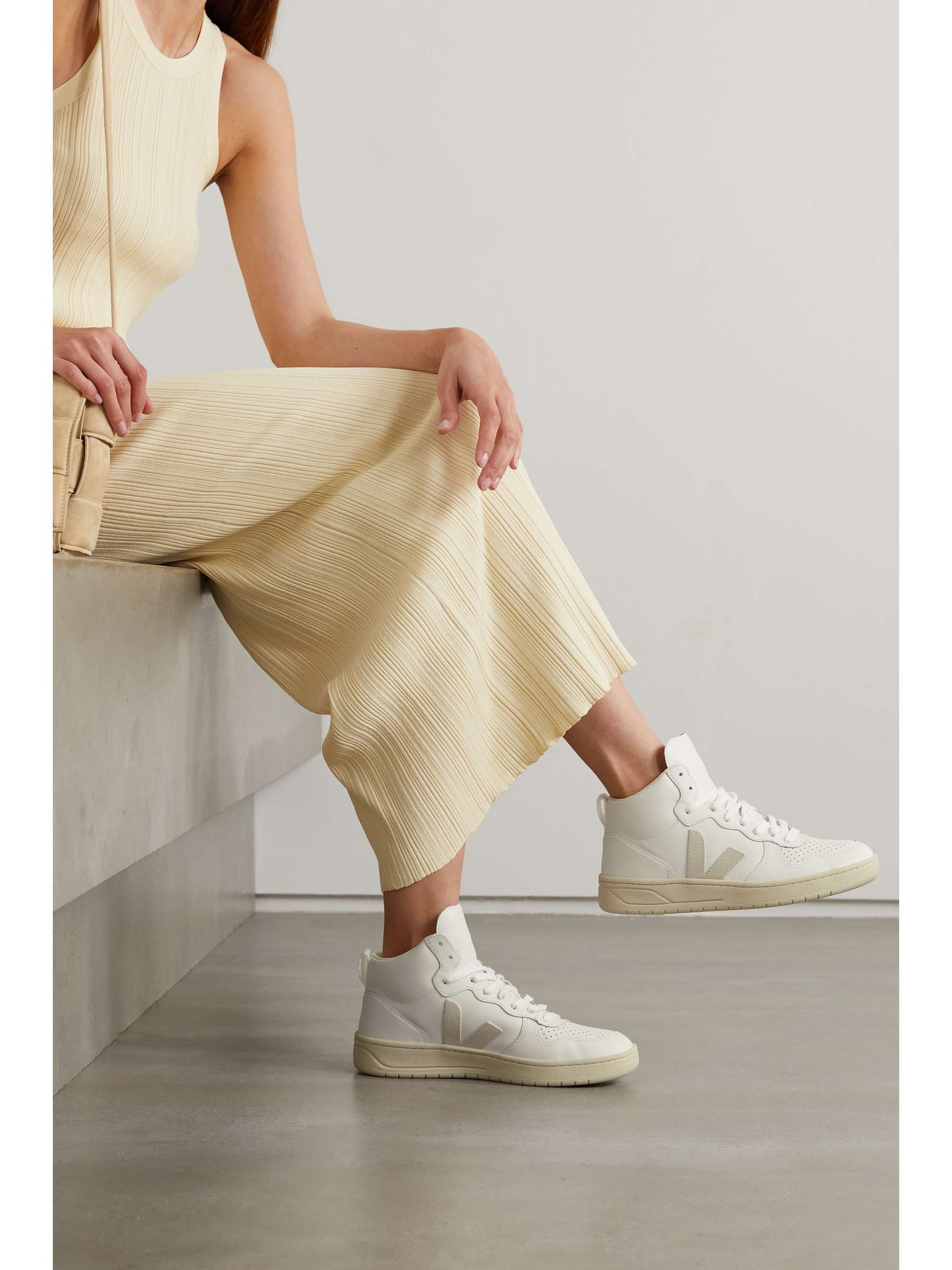 V-15 suede-trimmed perforated leather high-top sneakers