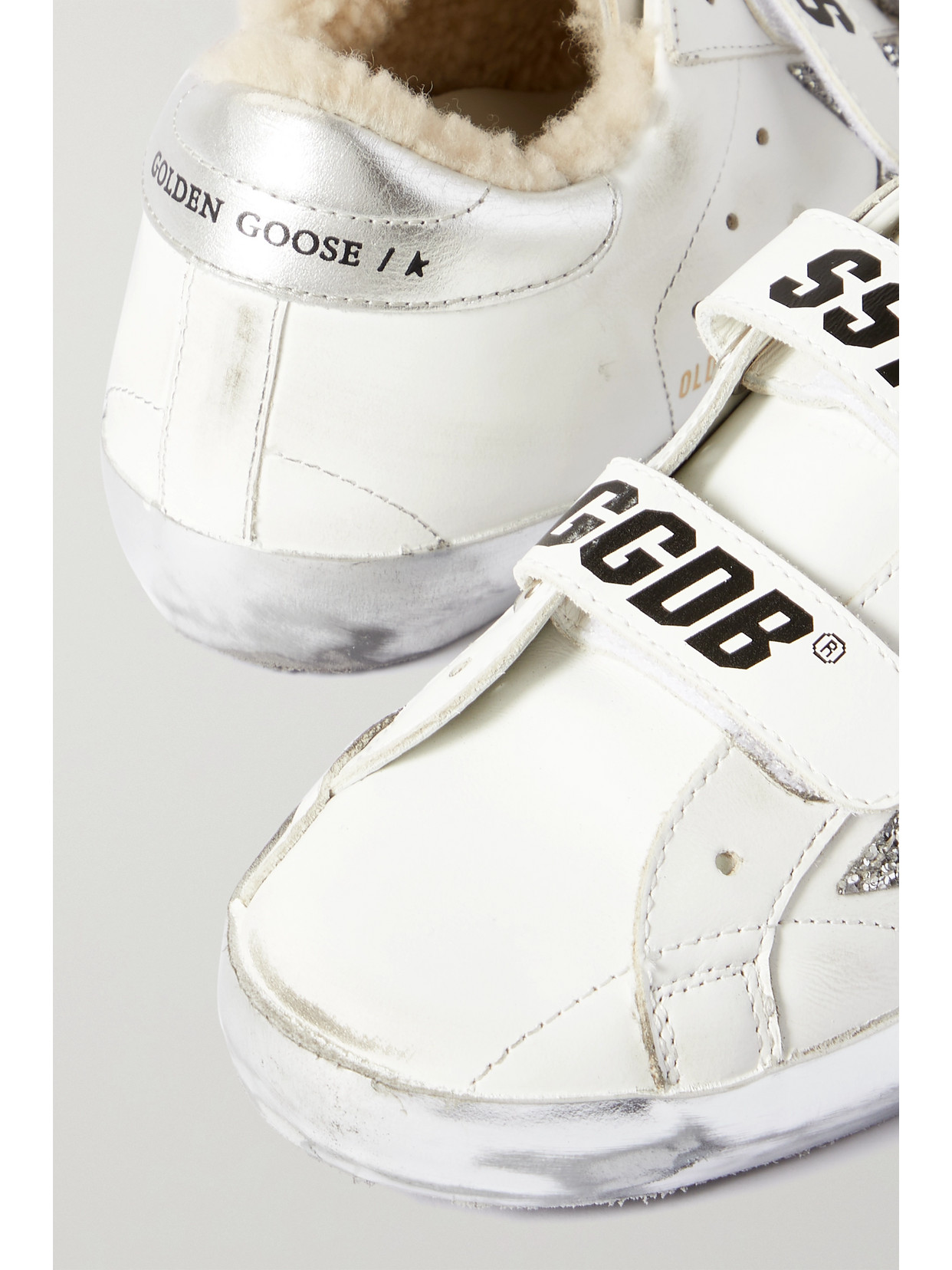 Golden Goose Old School Shearling-lined Distressed Glittered Leather Sneakers In White