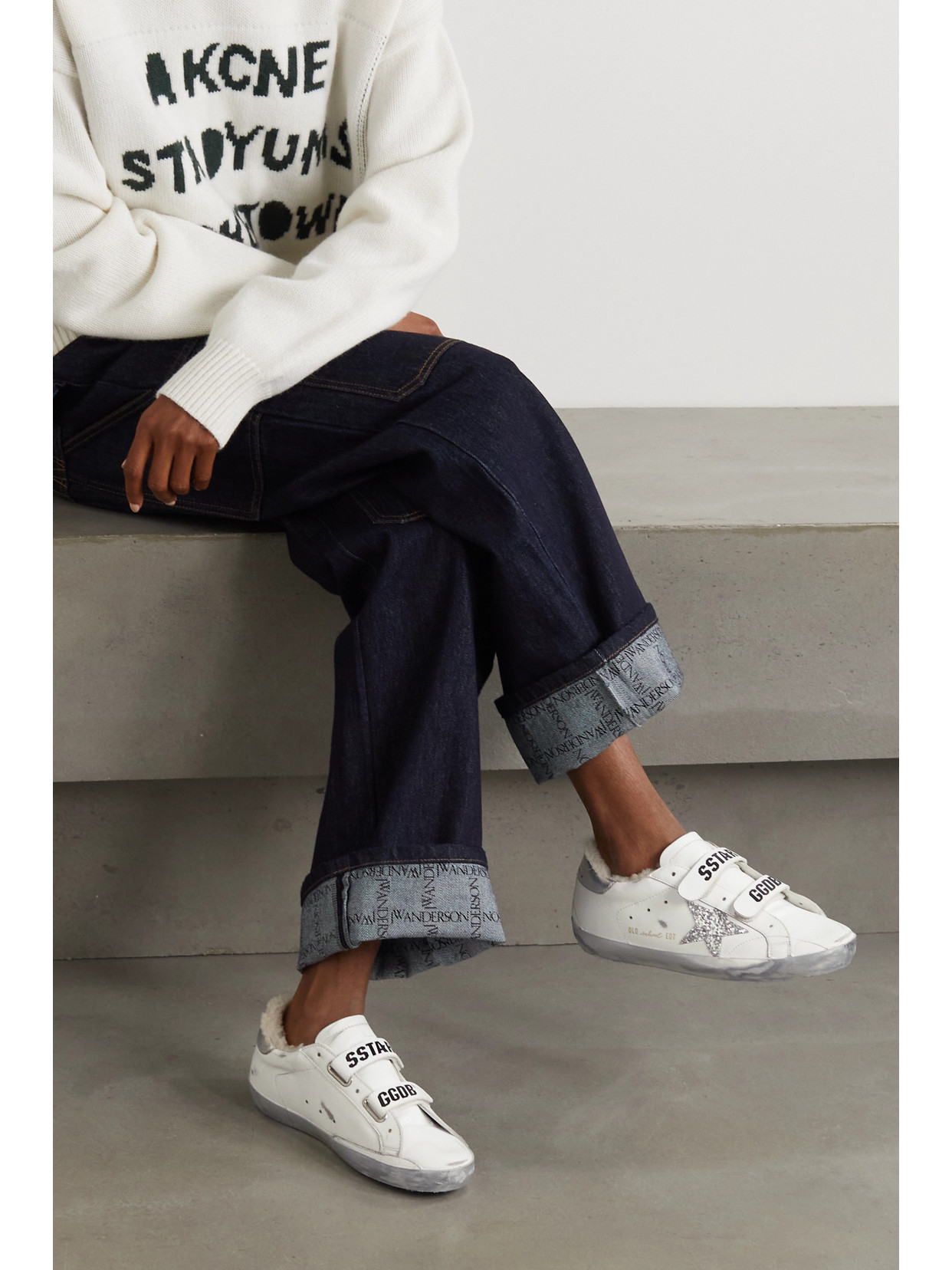 Golden Goose Old School Shearling-lined Distressed Glittered Leather Sneakers In White