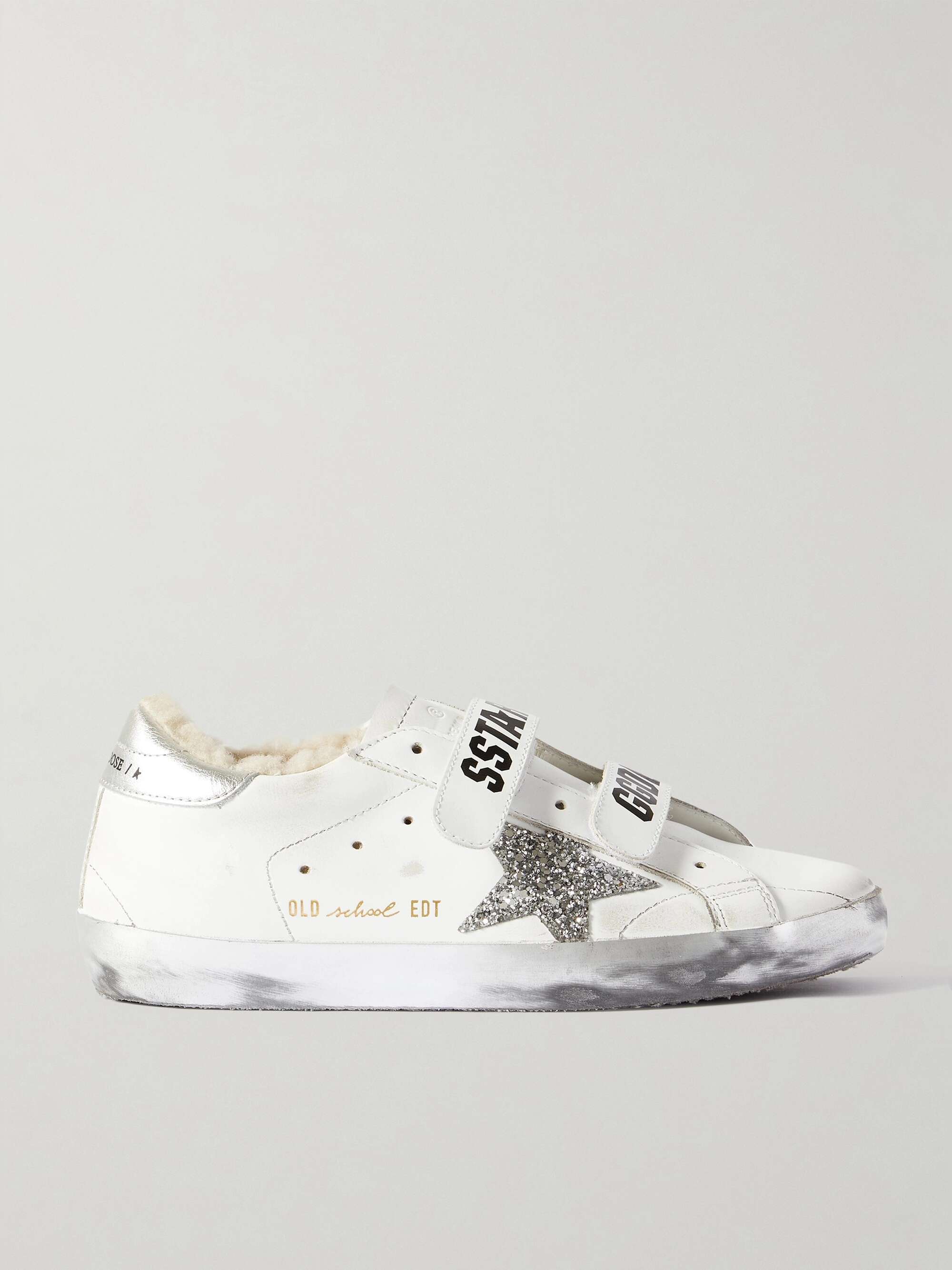 GOLDEN GOOSE Old School shearling-lined distressed glittered leather  sneakers | NET-A-PORTER