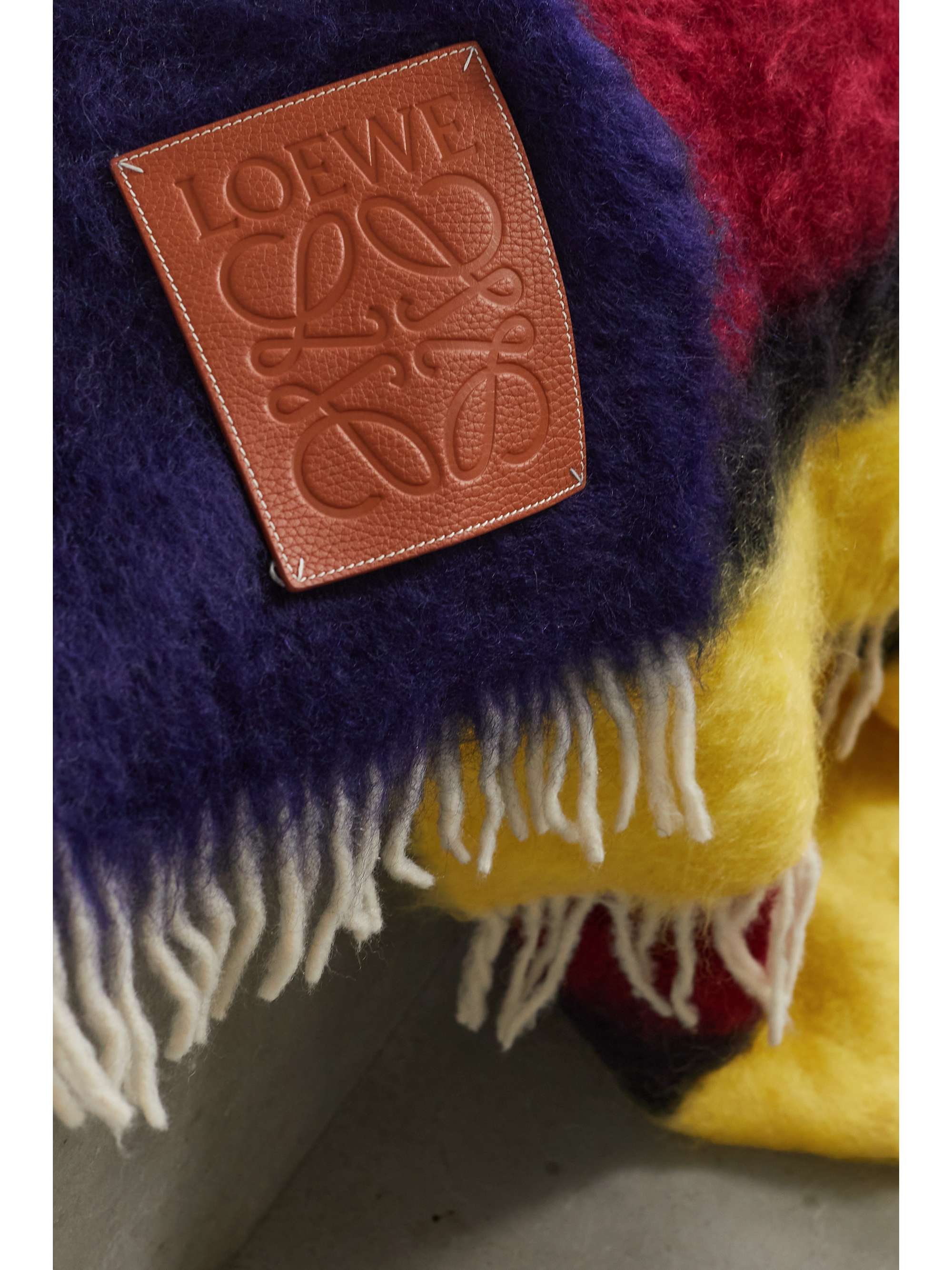 LOEWE Leather-trimmed fringed striped mohair-blend blanket