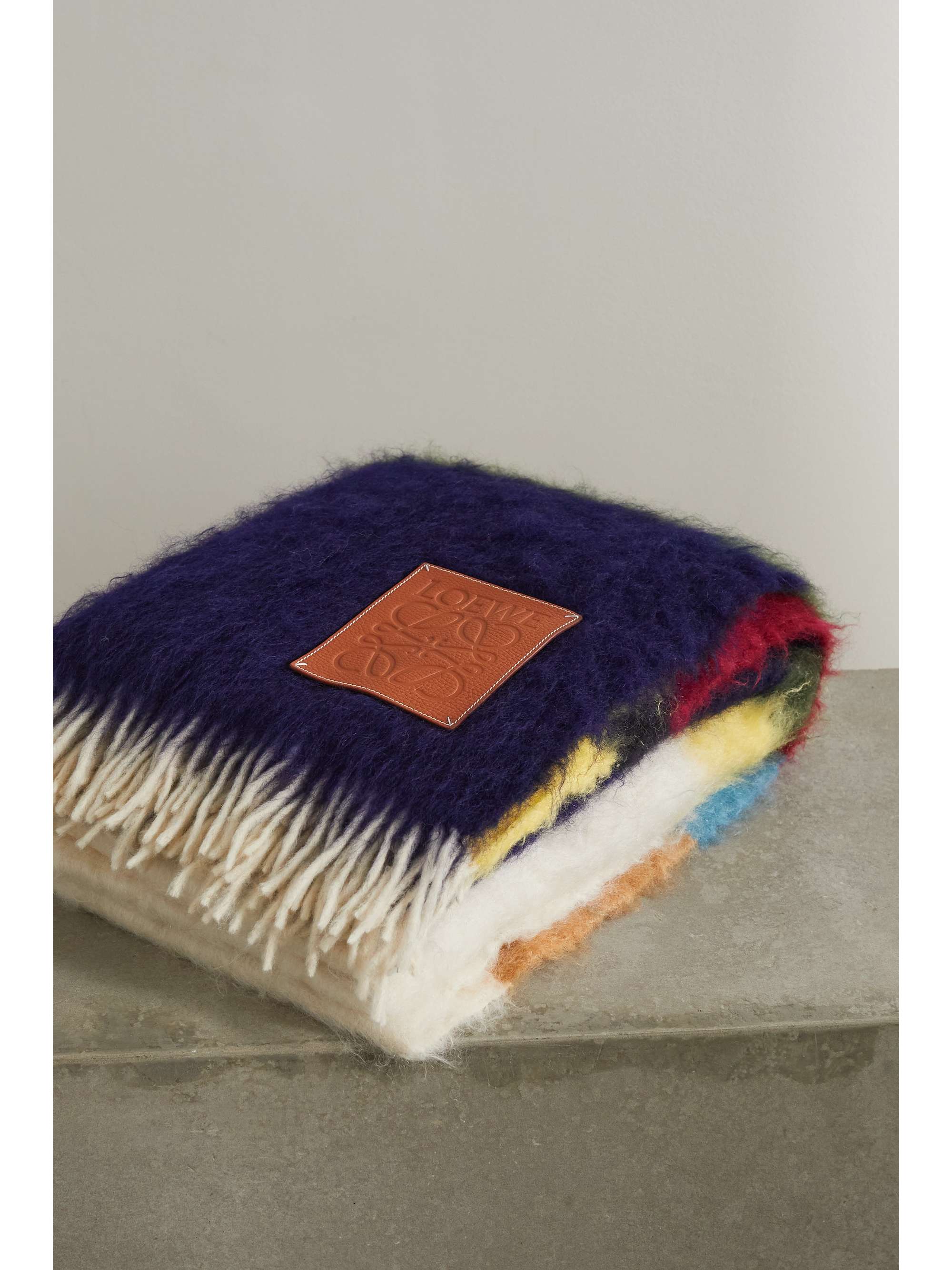 LOEWE Leather-trimmed fringed striped mohair-blend blanket