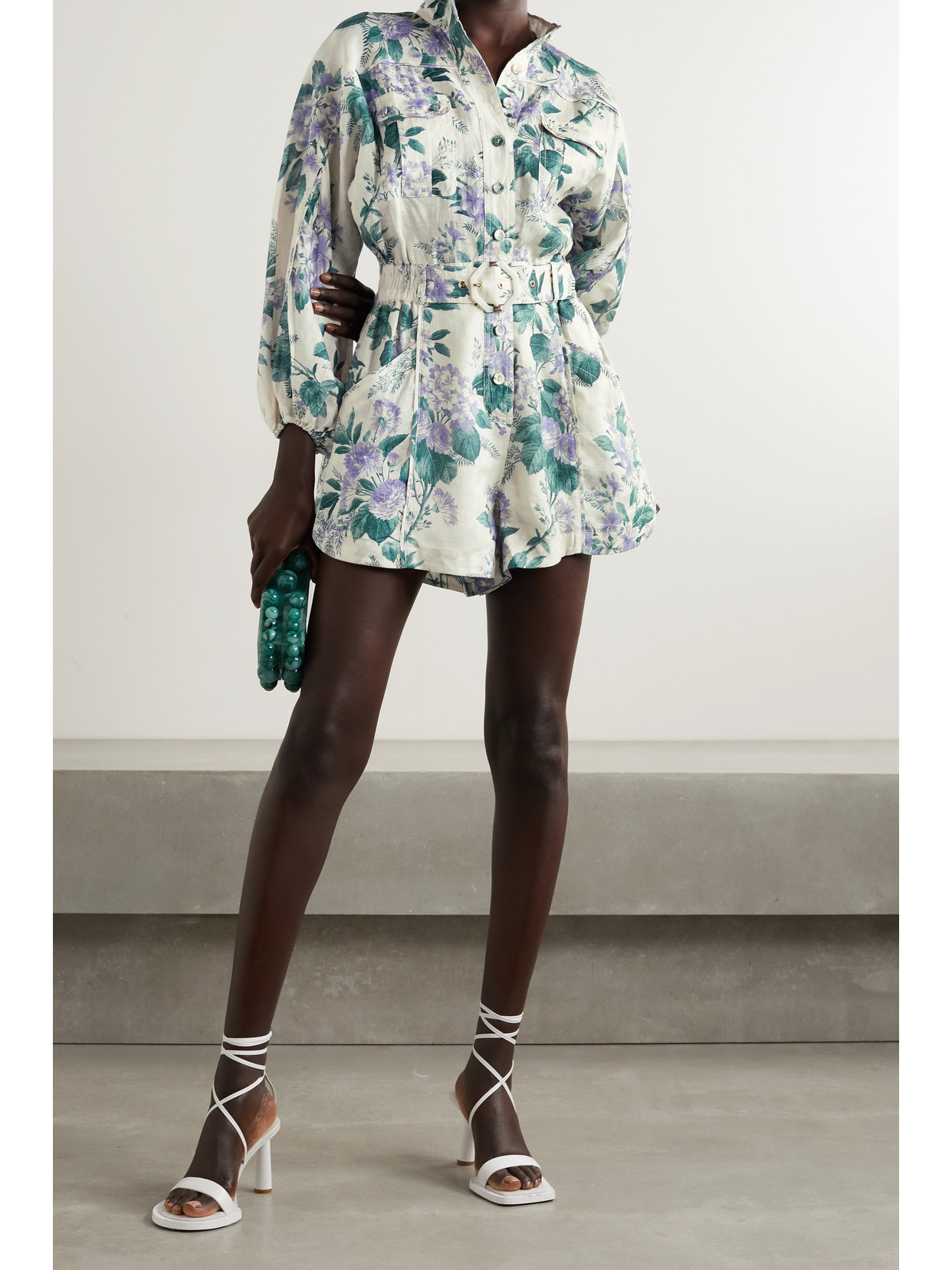 Zimmermann Cassia Belted Floral-print Linen Playsuit In Blue Print |  ModeSens