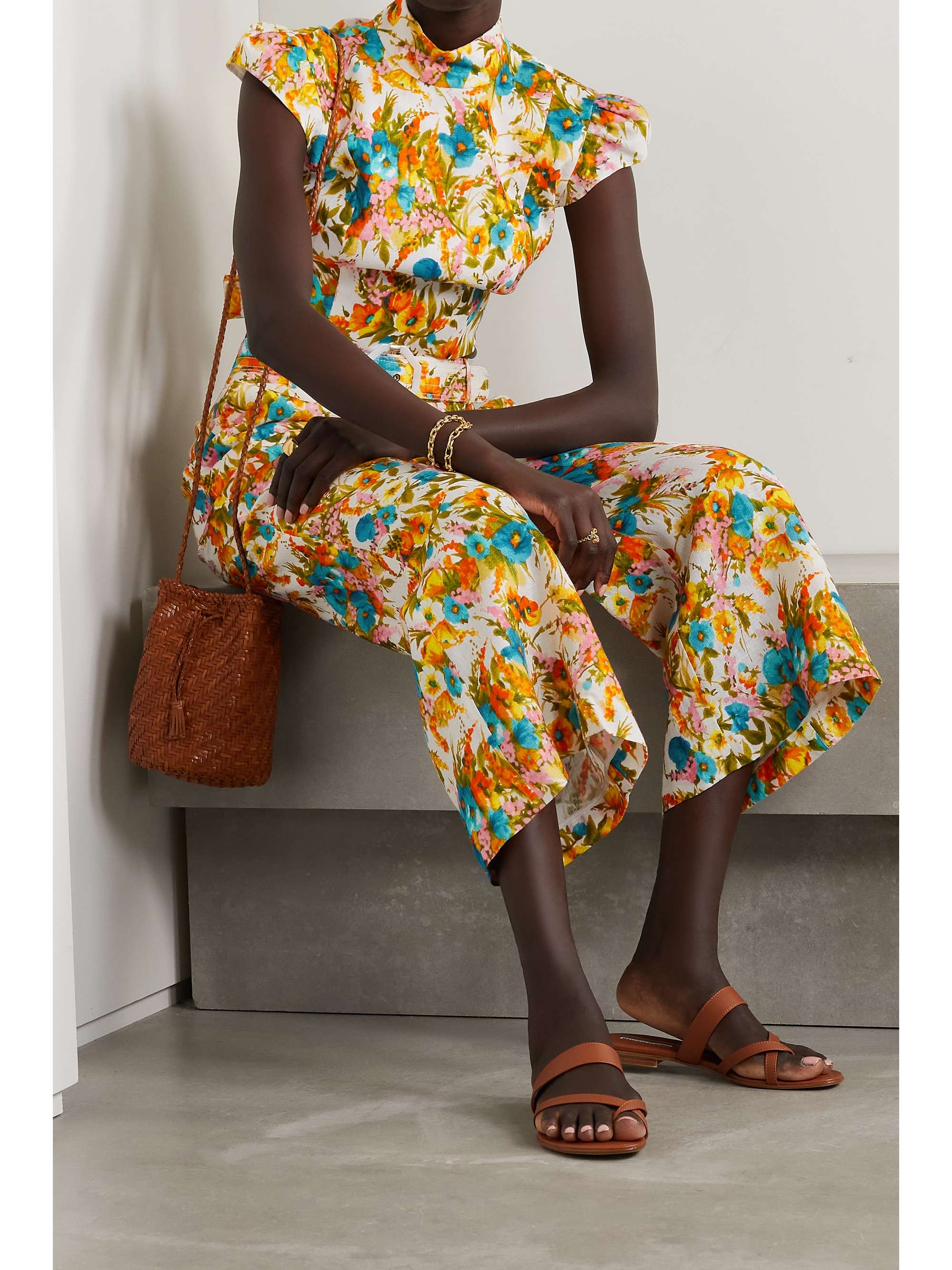 ZIMMERMANN Estelle cropped belted floral-print linen wide-leg pants
