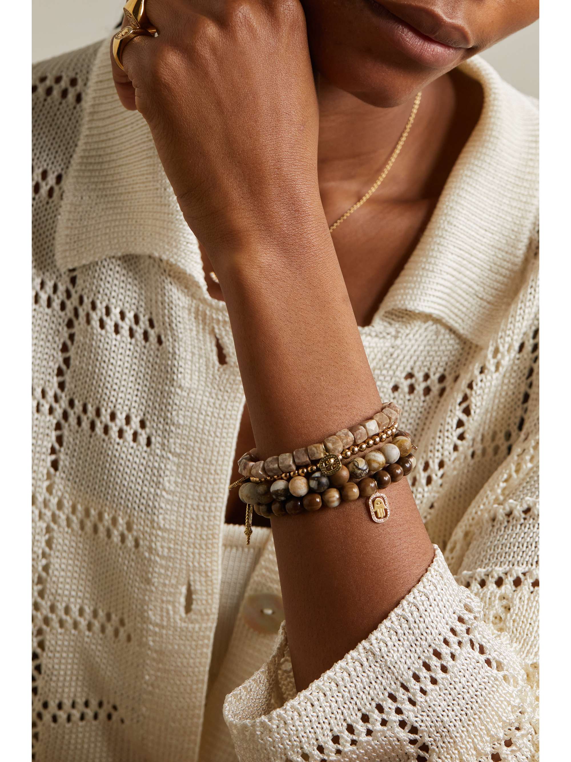 SYDNEY EVAN Hamsa 14-karat gold, horn and diamond bracelet