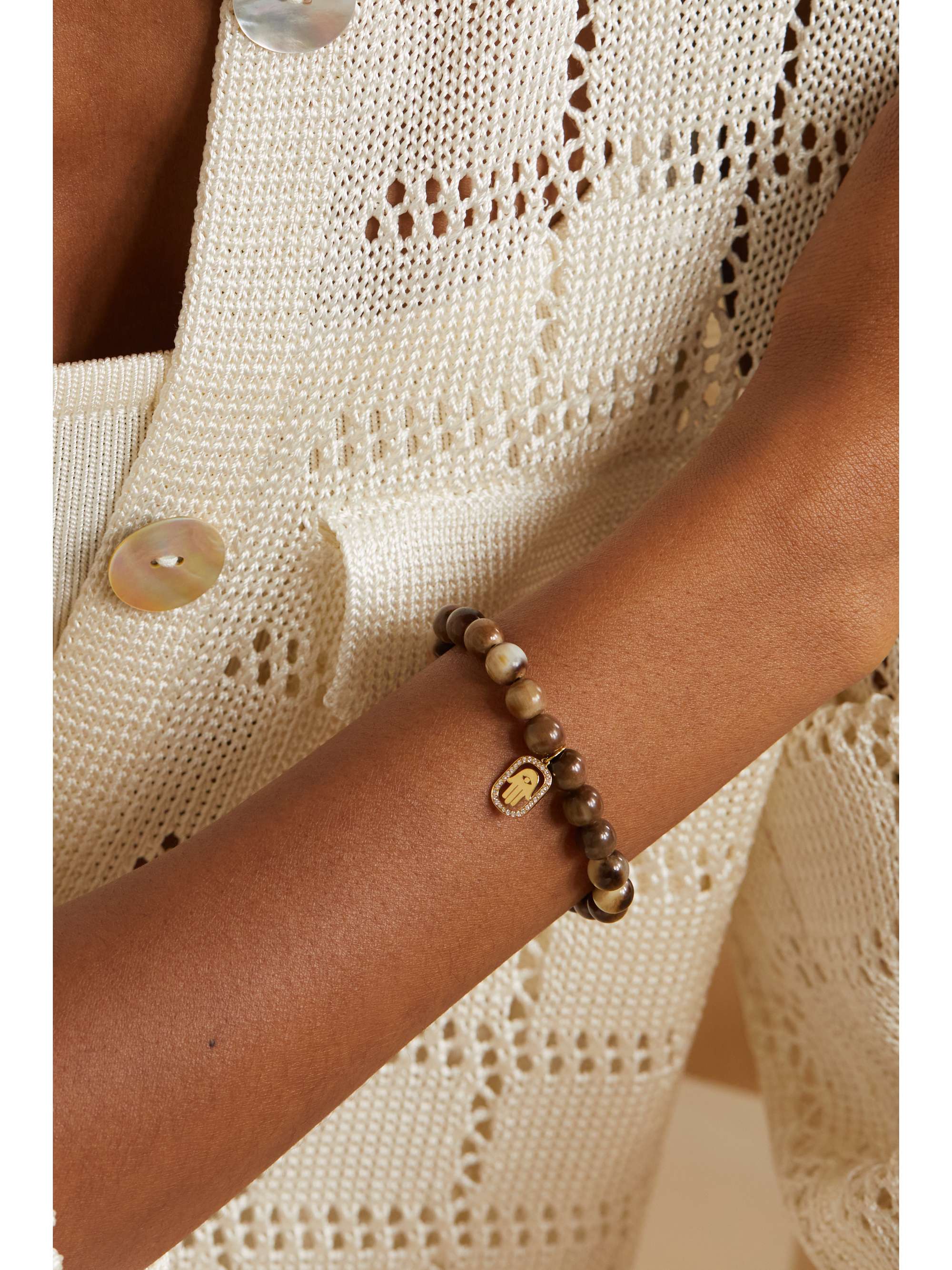 SYDNEY EVAN Hamsa 14-karat gold, horn and diamond bracelet