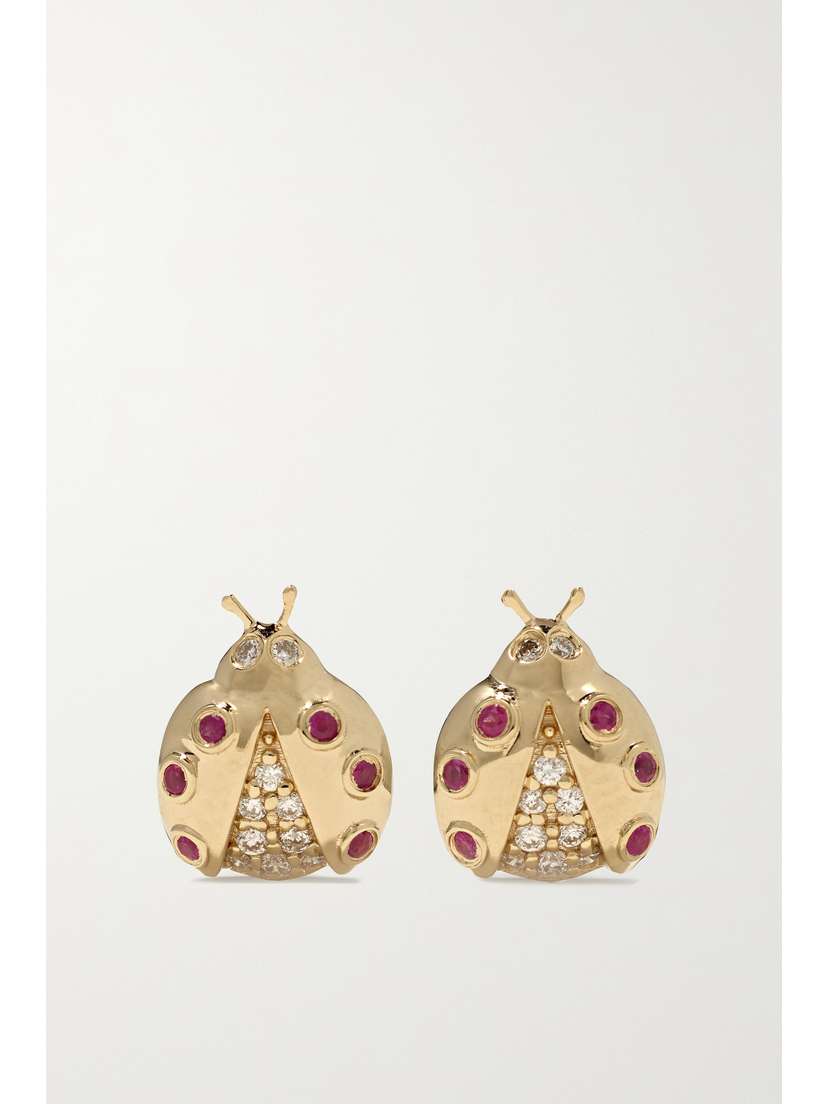 Sydney Evan Small Ladybug 14-karat Gold, Ruby And Diamond Earrings