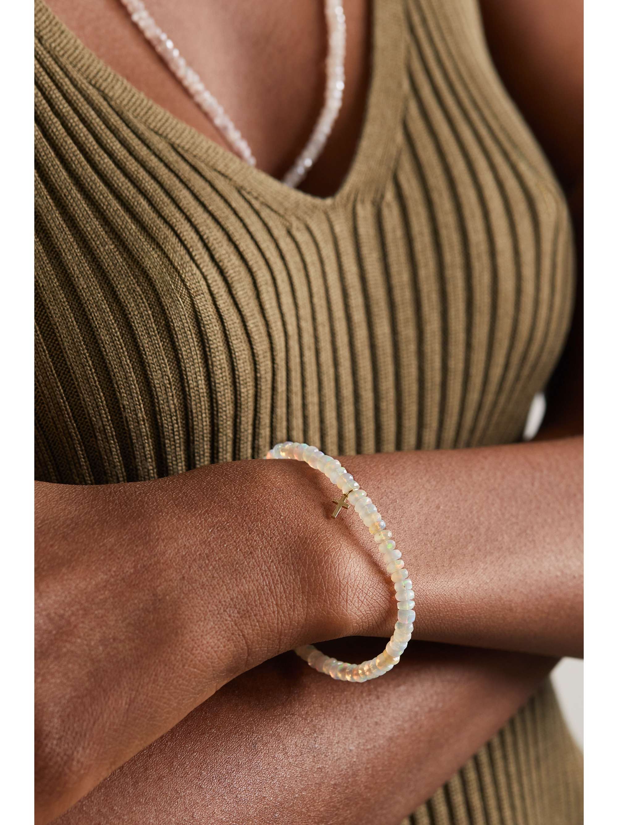 SYDNEY EVAN Tiny Monstera Leaf 14-karat gold multi-stone bracelet