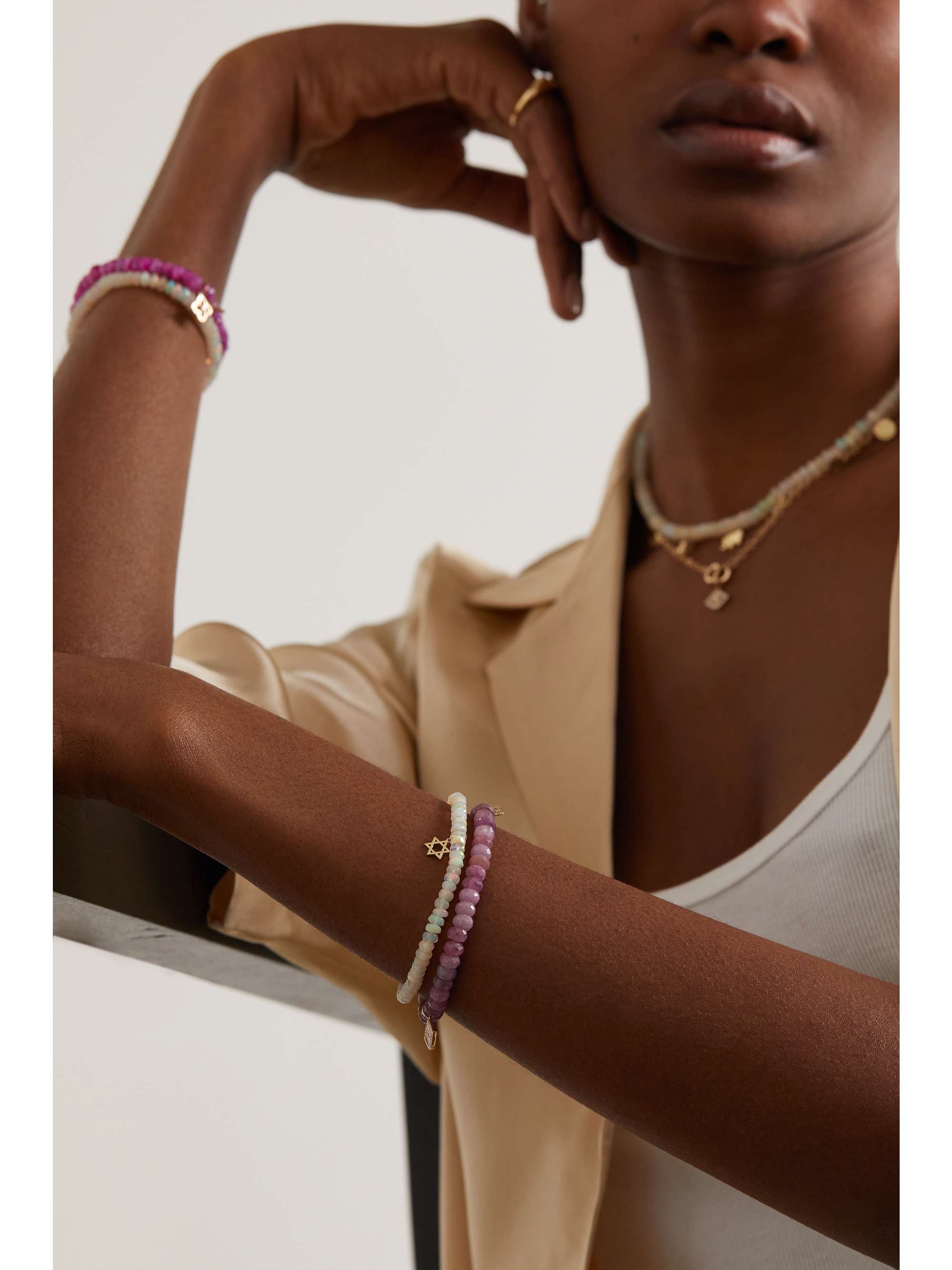 SYDNEY EVAN Tiny Monstera Leaf 14-karat gold multi-stone bracelet