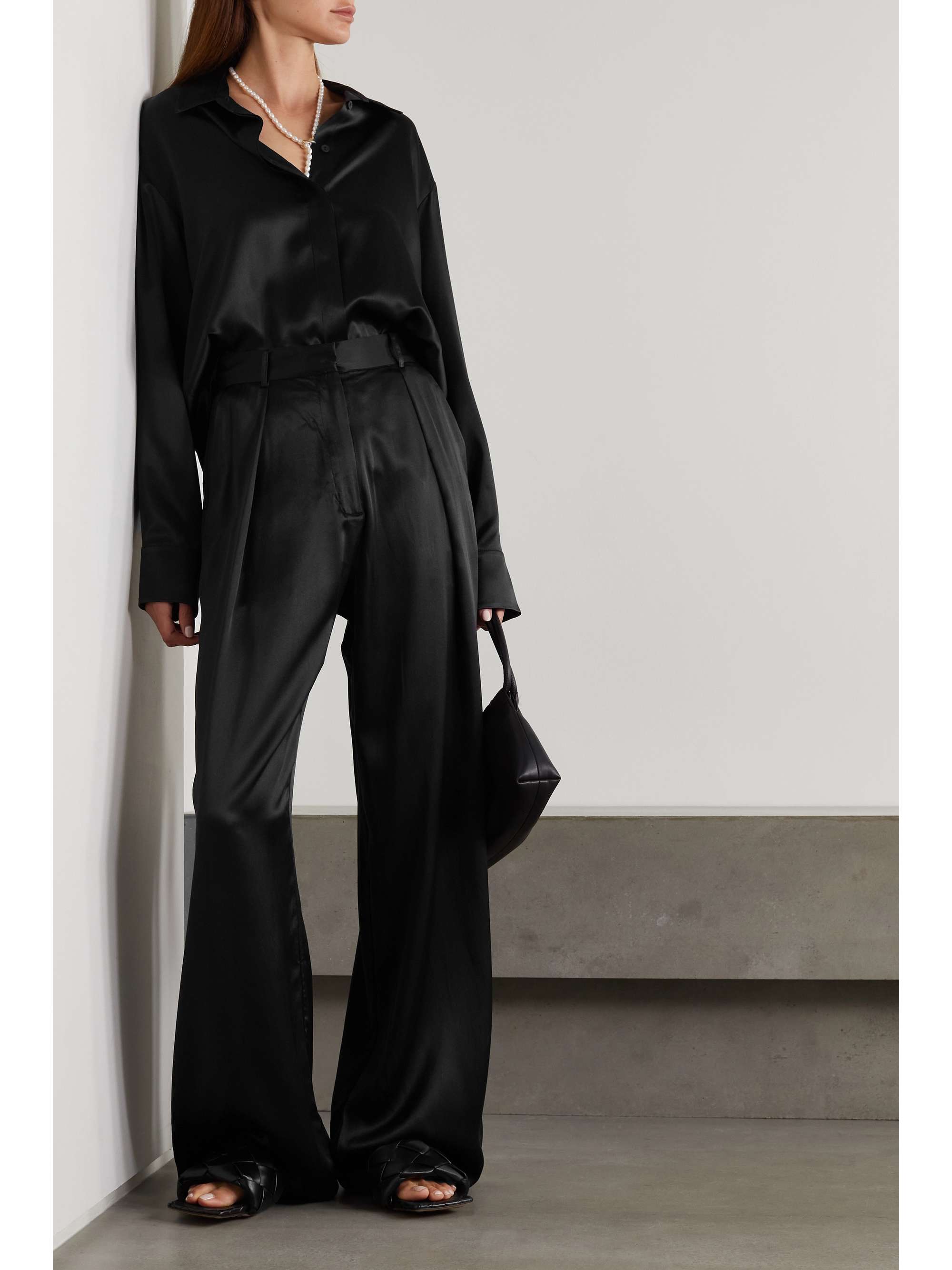 black satin wide leg trousers