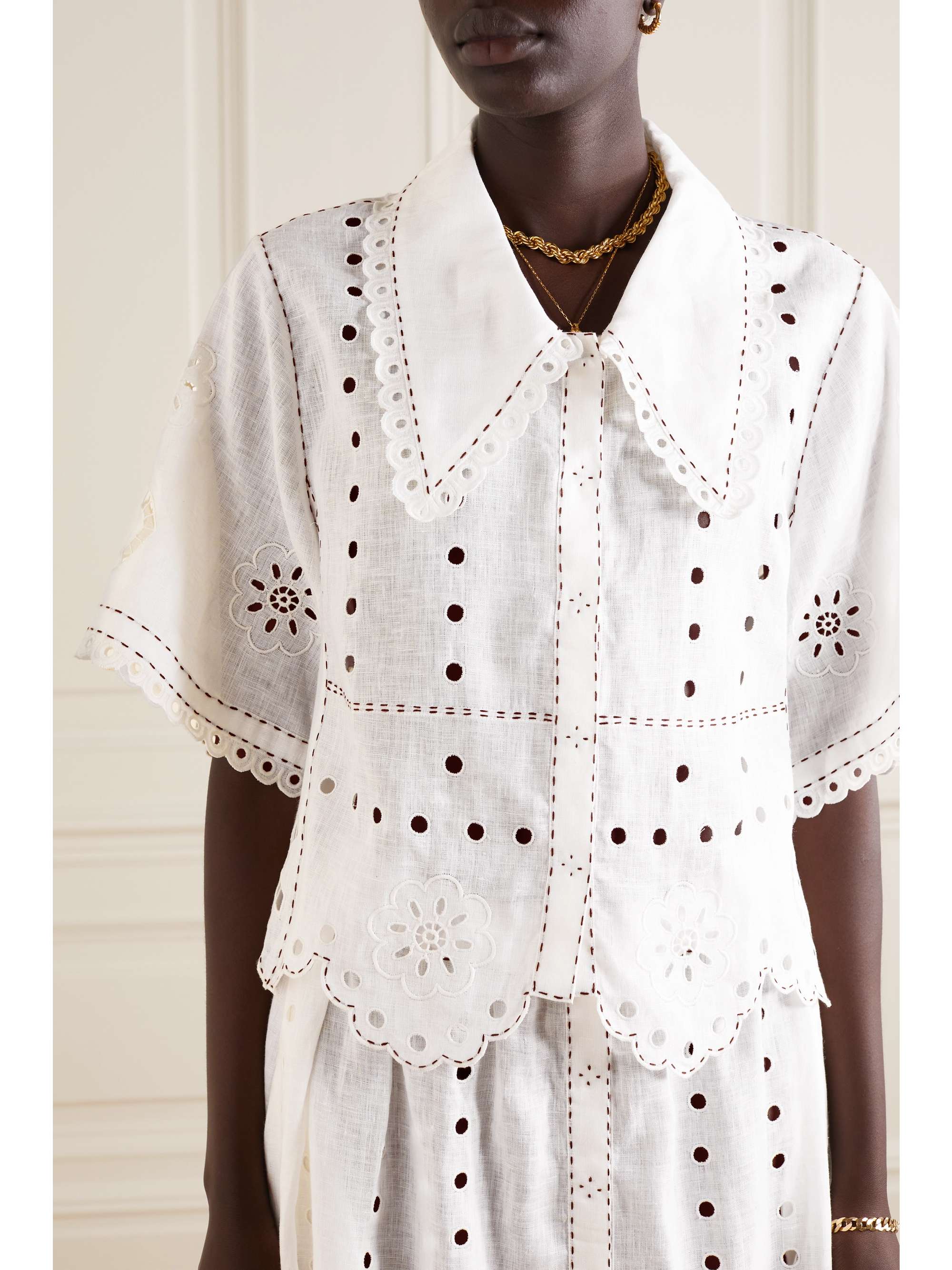 VITA KIN Charlie topstitched broderie anglaise linen blouse