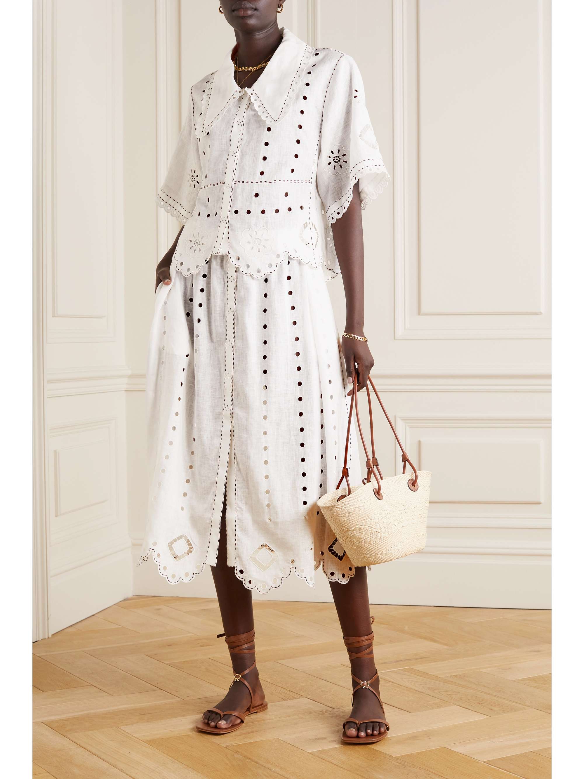 VITA KIN Charlie topstitched broderie anglaise linen blouse