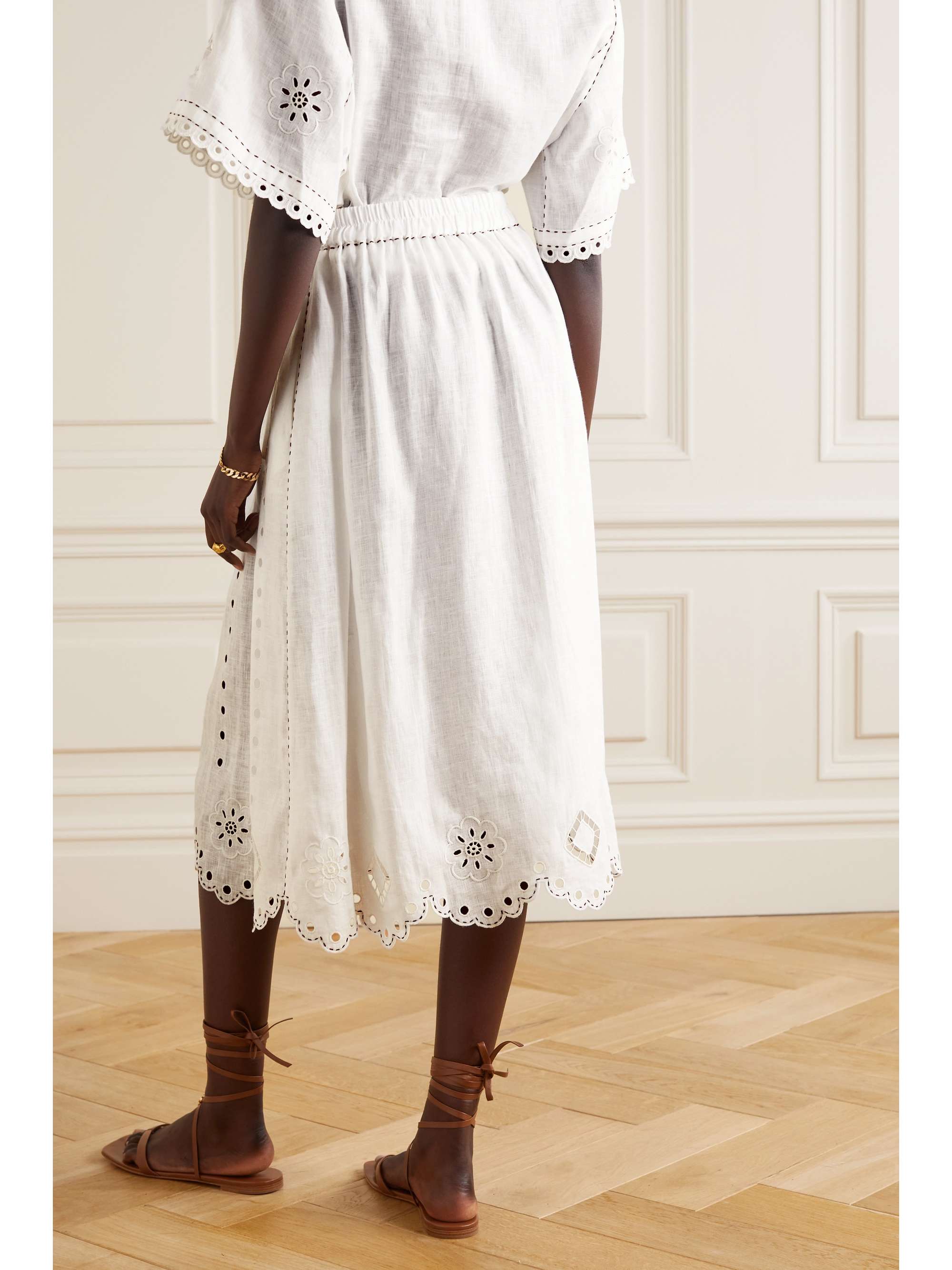 VITA KIN Charlie topstitched broderie anglaise linen midi skirt
