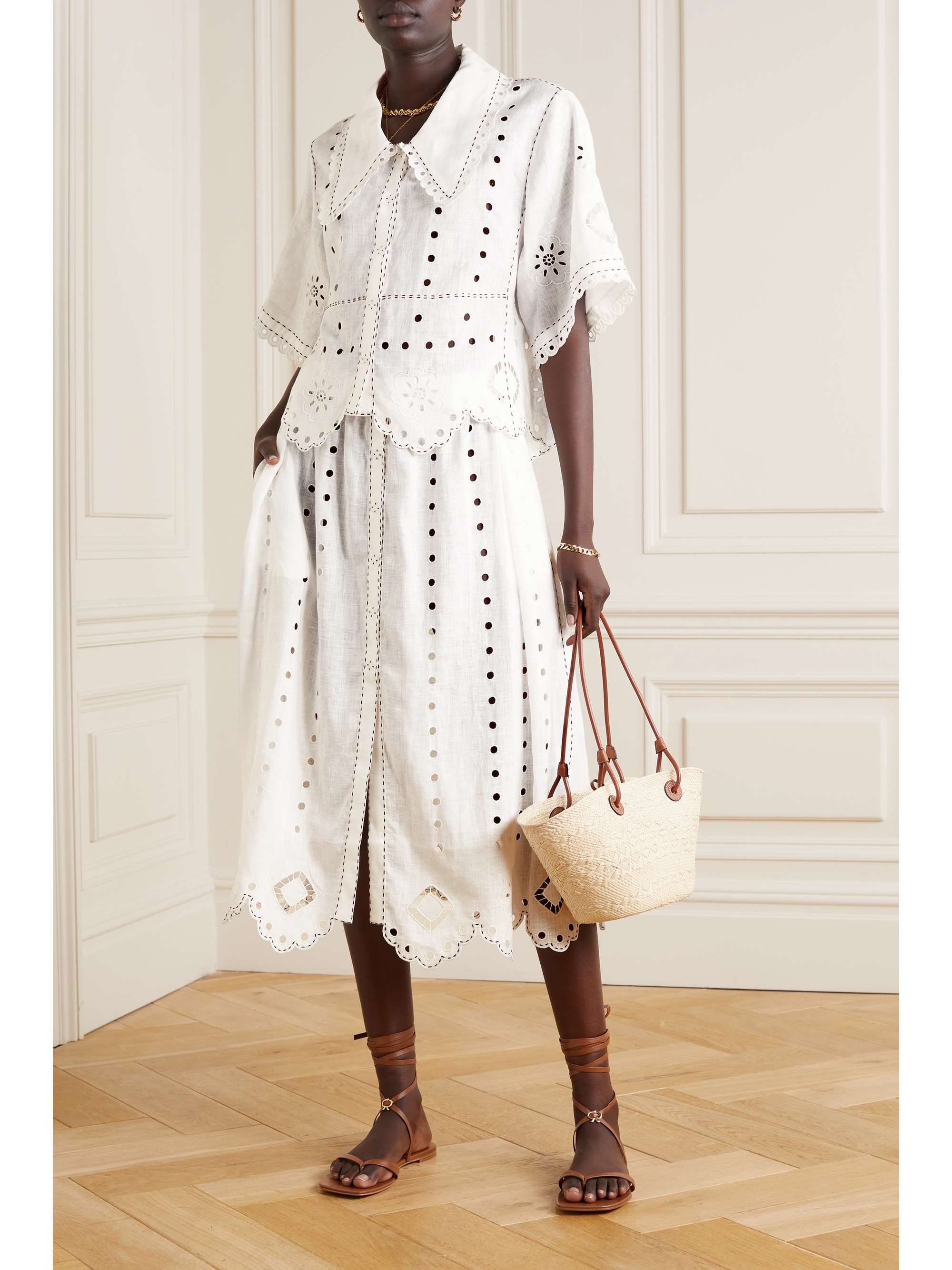 VITA KIN Charlie topstitched broderie anglaise linen midi skirt