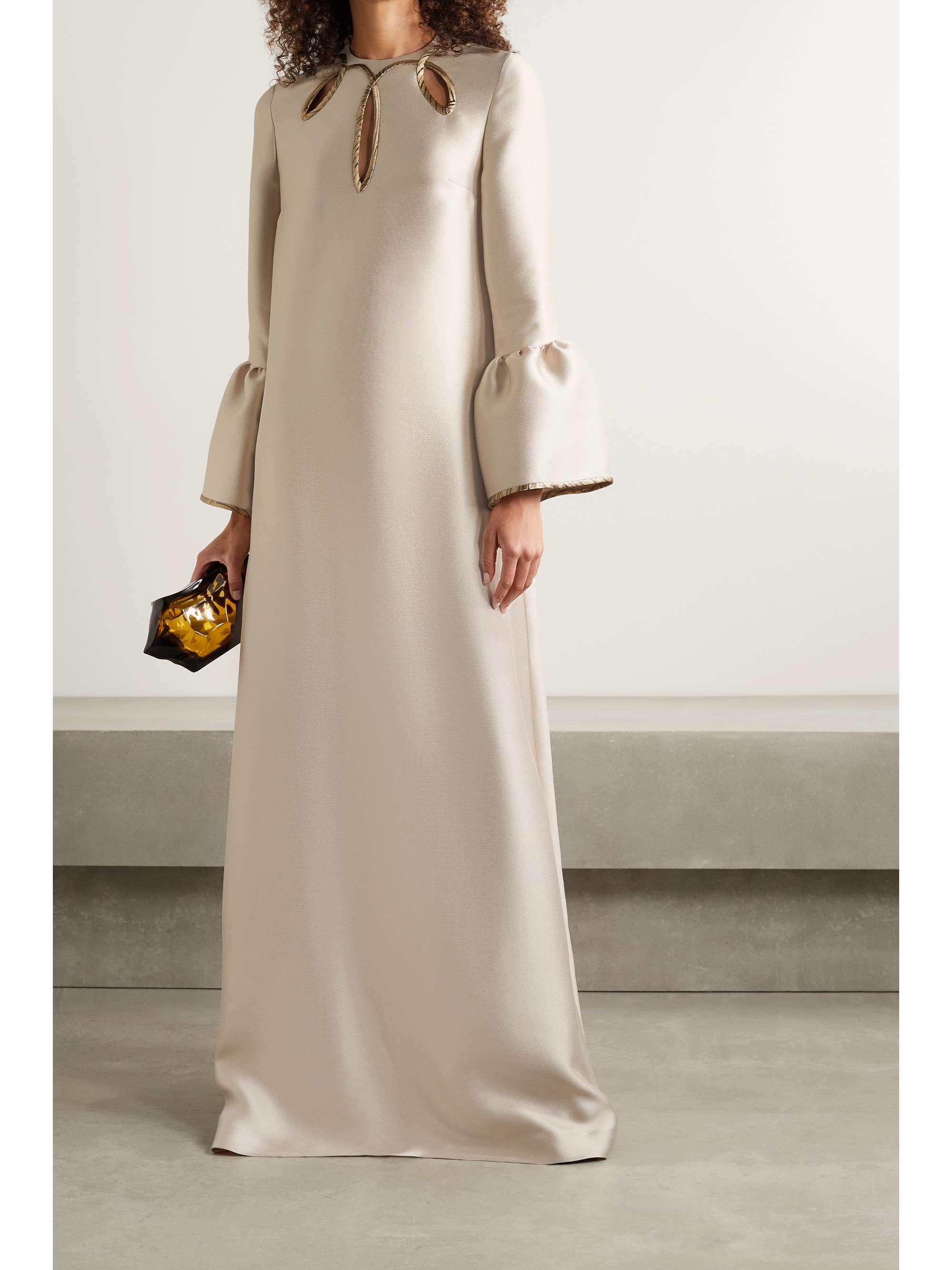 REEM ACRA Cutout metallic-trimmed satin-piqué gown