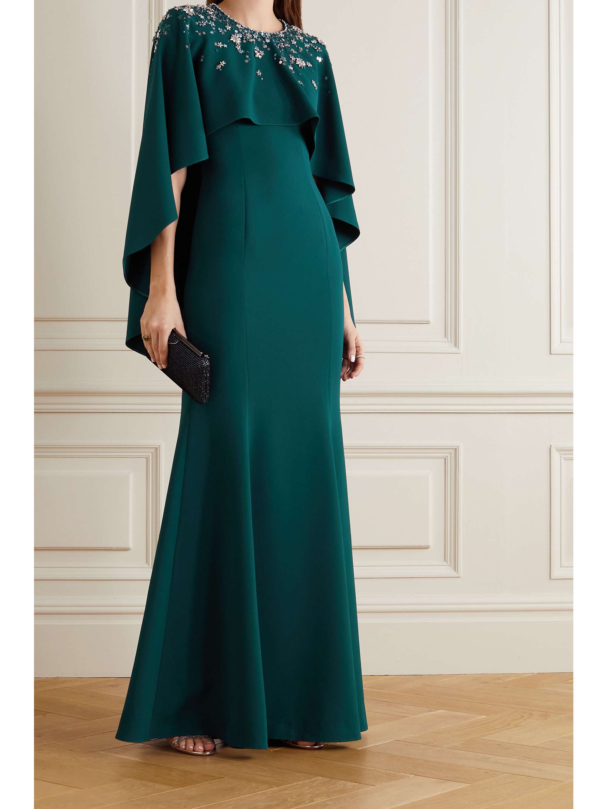 Emerald Embellished cape-effect crepe 