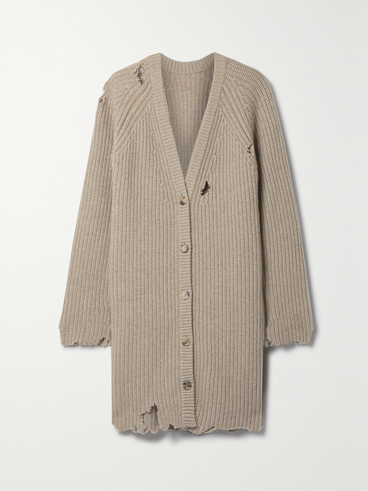 Khaite Rory Distressed Longline Cashmere Cardigan In Brown
